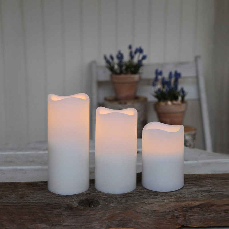 MARELIDA LED-Kerze »LED Kerzenset Paul flackernd Batterie Timer Fernbedienung für Außen weiß 3er Set« (3-tlg)