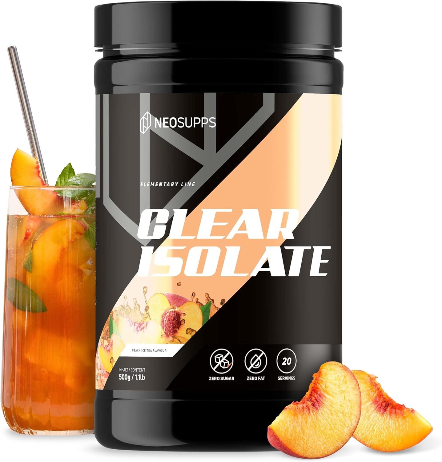 Neosupps Clear Whey Isolat Protein Pulver 500g, Peach Ice Tea Geschmack Pulver, 500 g, Made in Germany, Hochwertiger Molkenprotein Isolat