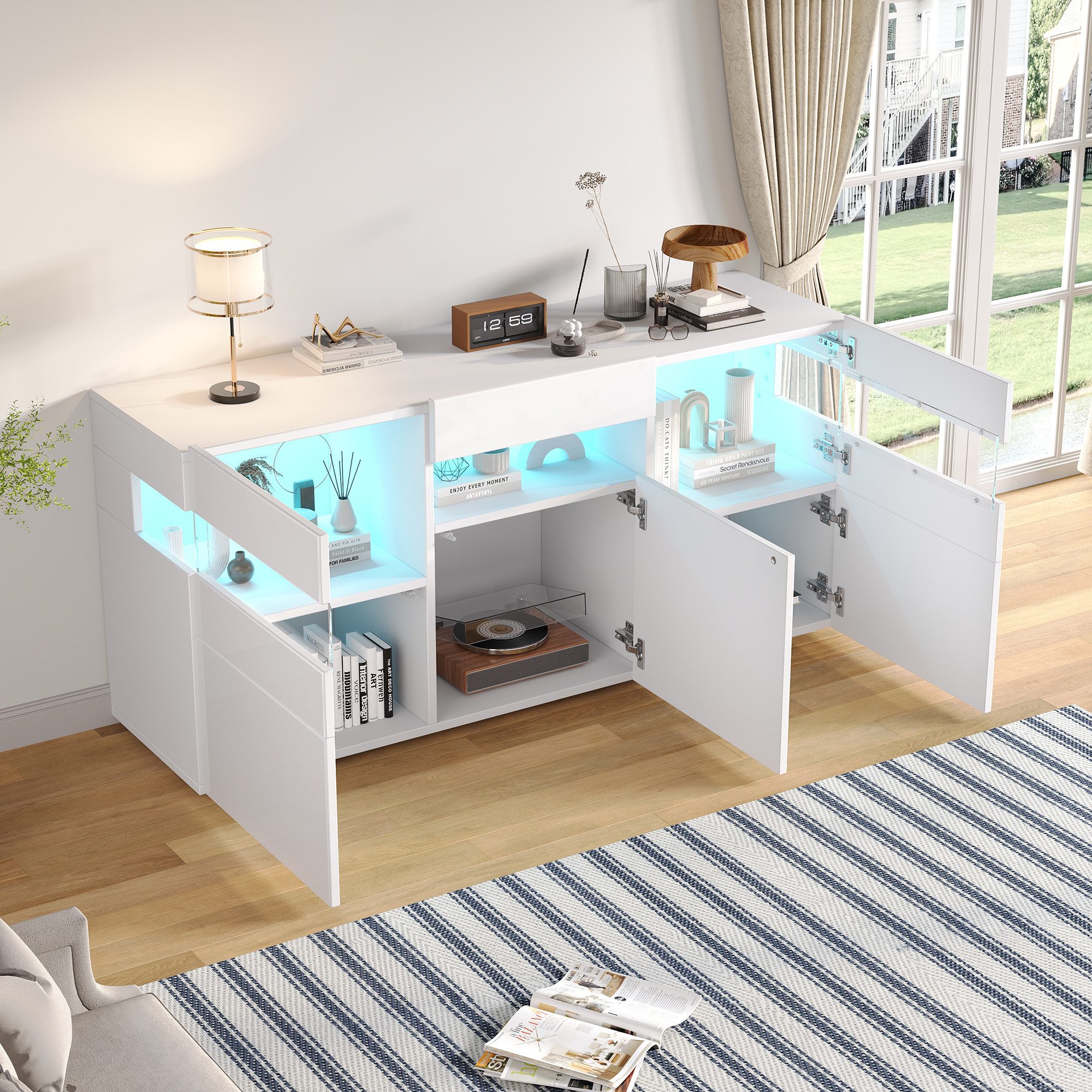 Merax Sideboard mit LED-Lichtleiste, Anrichte in Weiß mit Hochglanzfront (1 St., 140*40.5*66.5cm), Wohnzimmerschrank Kommode mit 3 Türen, 7 Ablagefächern, Acryl-Elemente