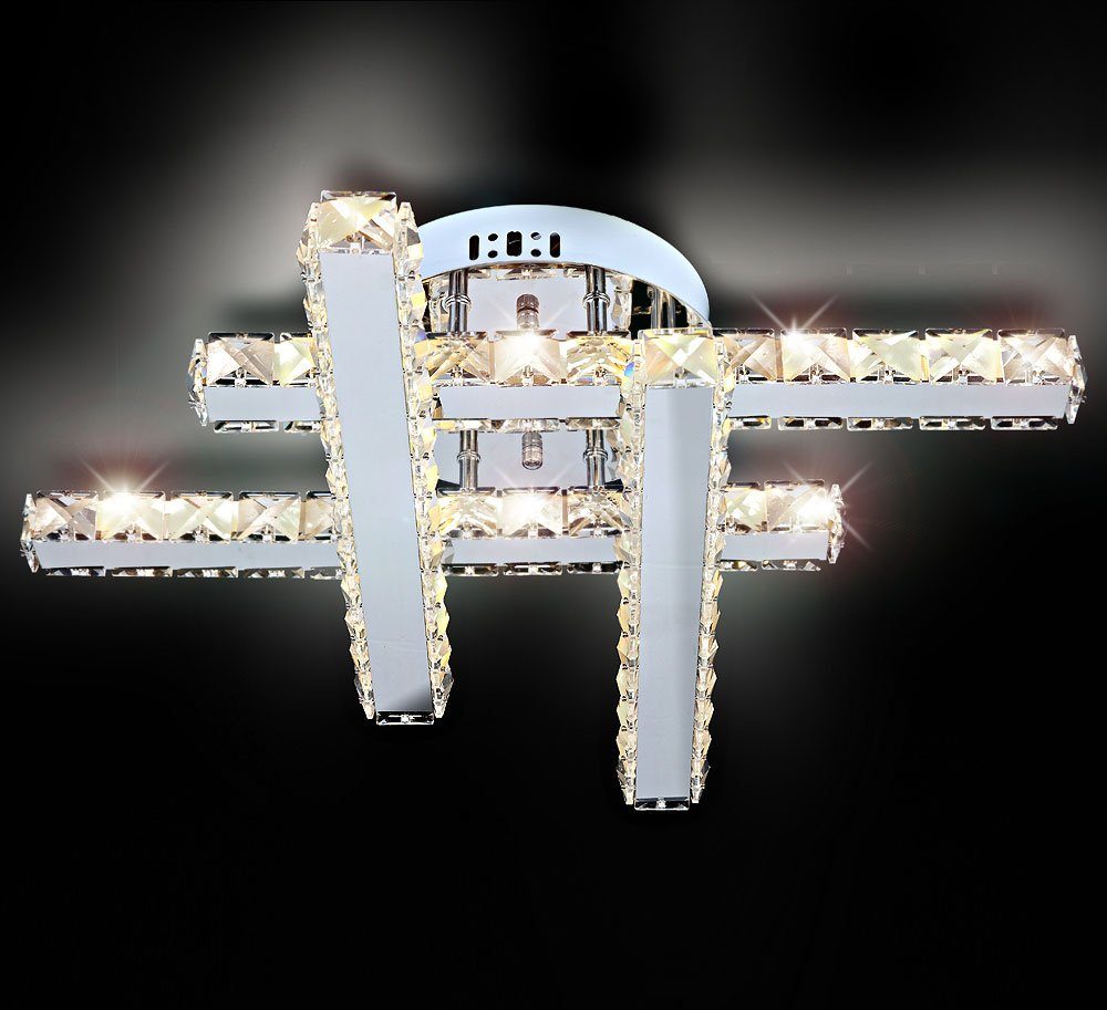 LED für Deckenlampe alle Leuchte Zimmer, Dimmbar, 24W, Modern Silber »SONATA« 51cm niedrigen Kristall elegante Warmweiß, Verbrauch Kreuzform Lewima Glas verspiegelt Design Deckenleuchte mit