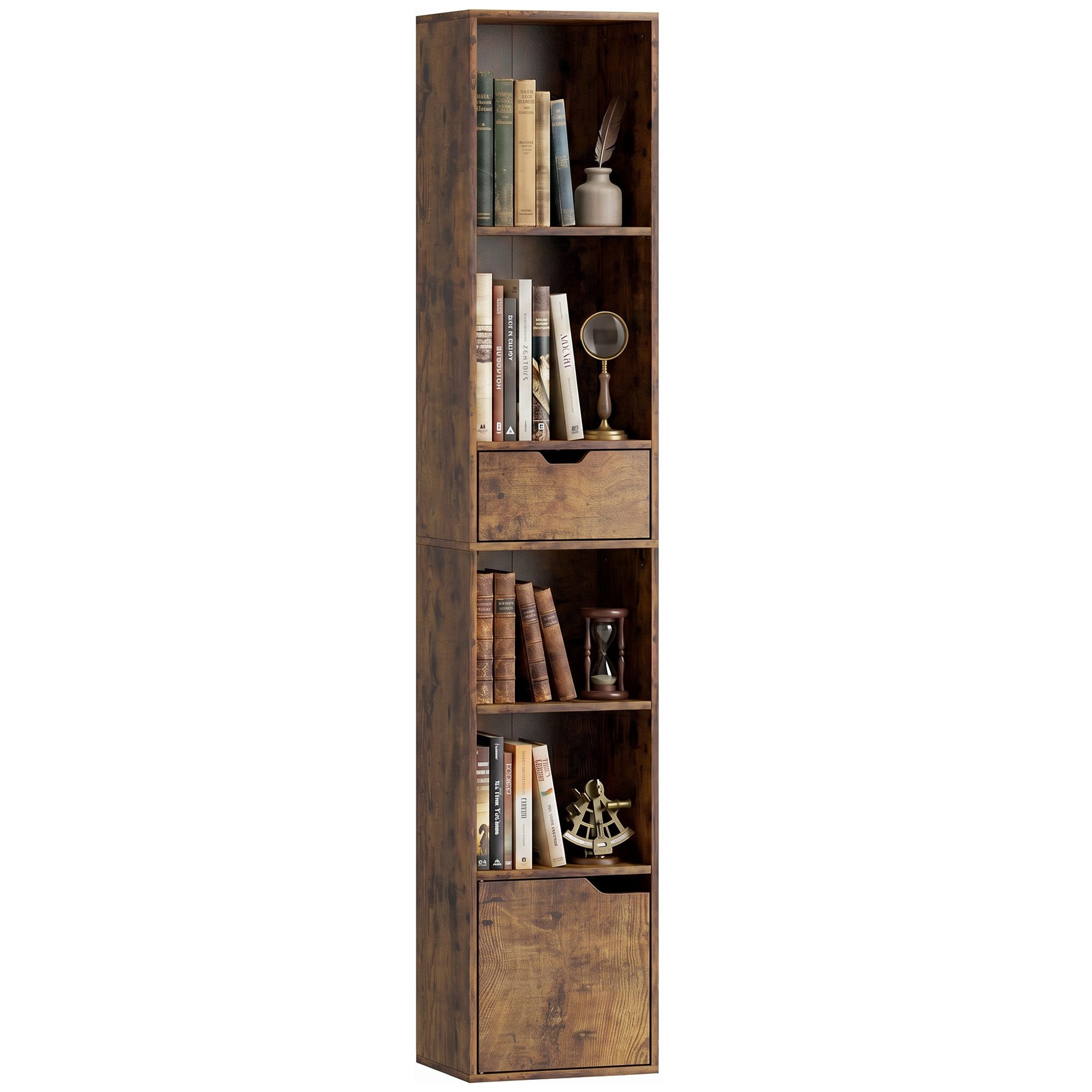 HOMCOM Bücherregal Schmaler Aufbewahrungsregal, Standregale 1-tlg., für Wohnzimmer, Büro, Rustikal-Braun – Bild 2 von 5
