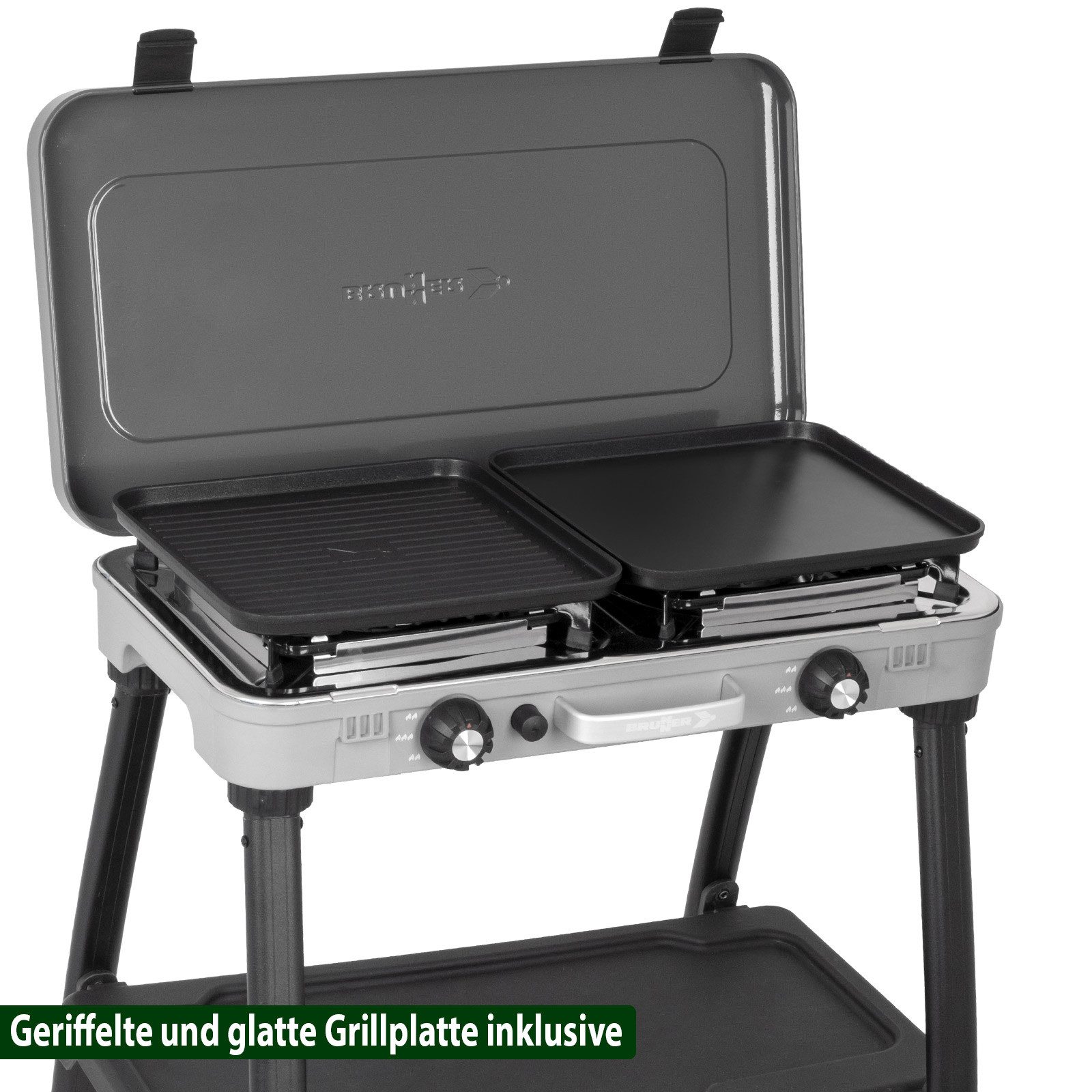 BRUNNER Gaskocher BRUNNER Devil Kookmaster Camping-Gaskocher – Komplettset mit 4 Beinen, (50mbar - Mit Gasregler + Gasschlauch)