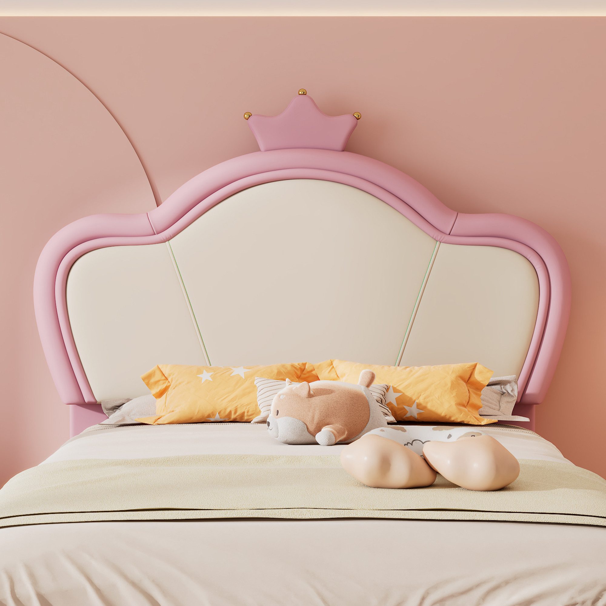 OKWISH Prinzessinbett Einzelbett, mit weichen Schutzkanten (Prinzessinbett, Kinder Polsterbett, Einzelbett mit Krone, 90x200 cm), ohne Matratze