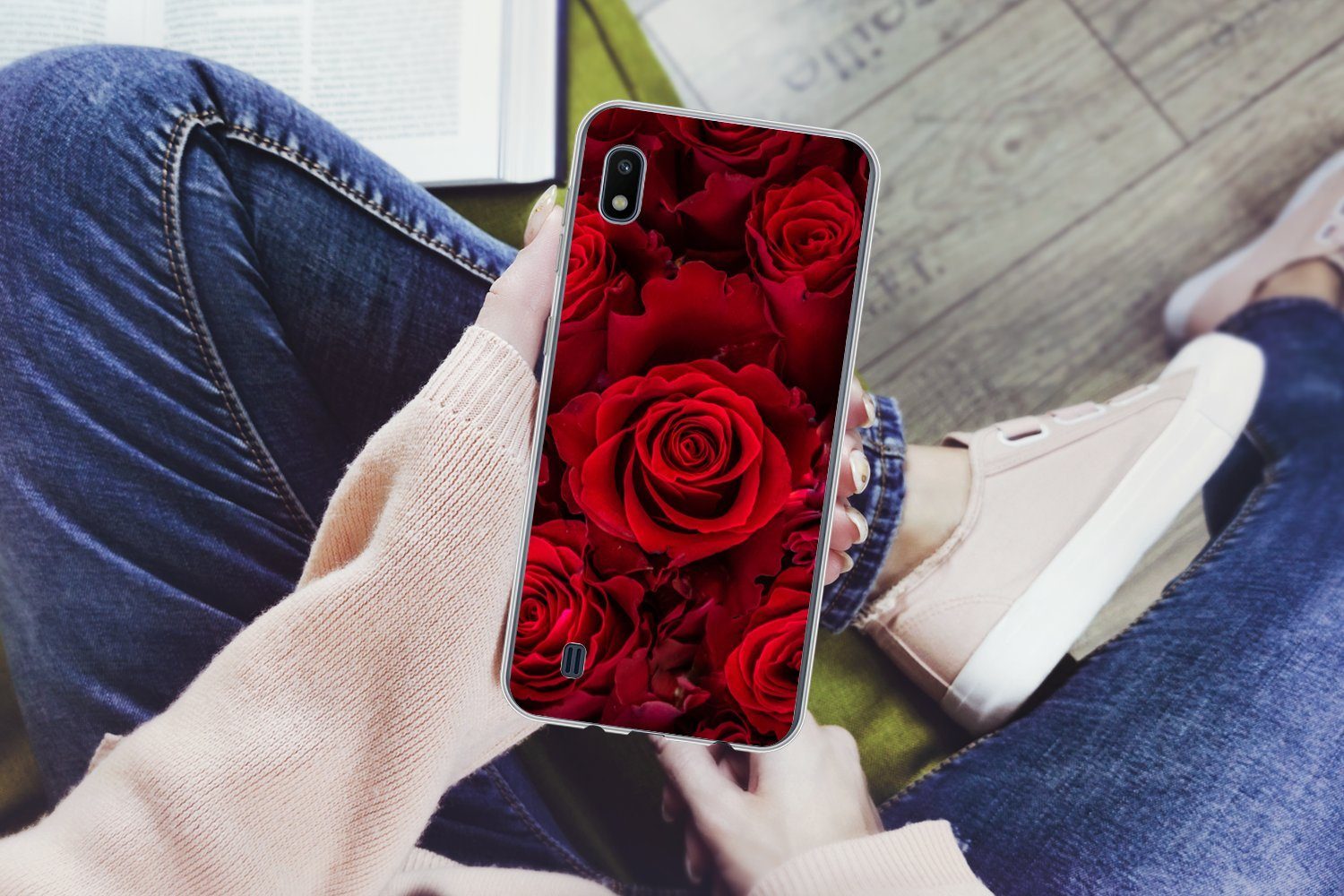 MuchoWow Handyhülle für Samsung Galaxy A10 Blumen - Rosen - Rot, Smartphone-Bumper, Print, Handy Schutzhülle Dünn