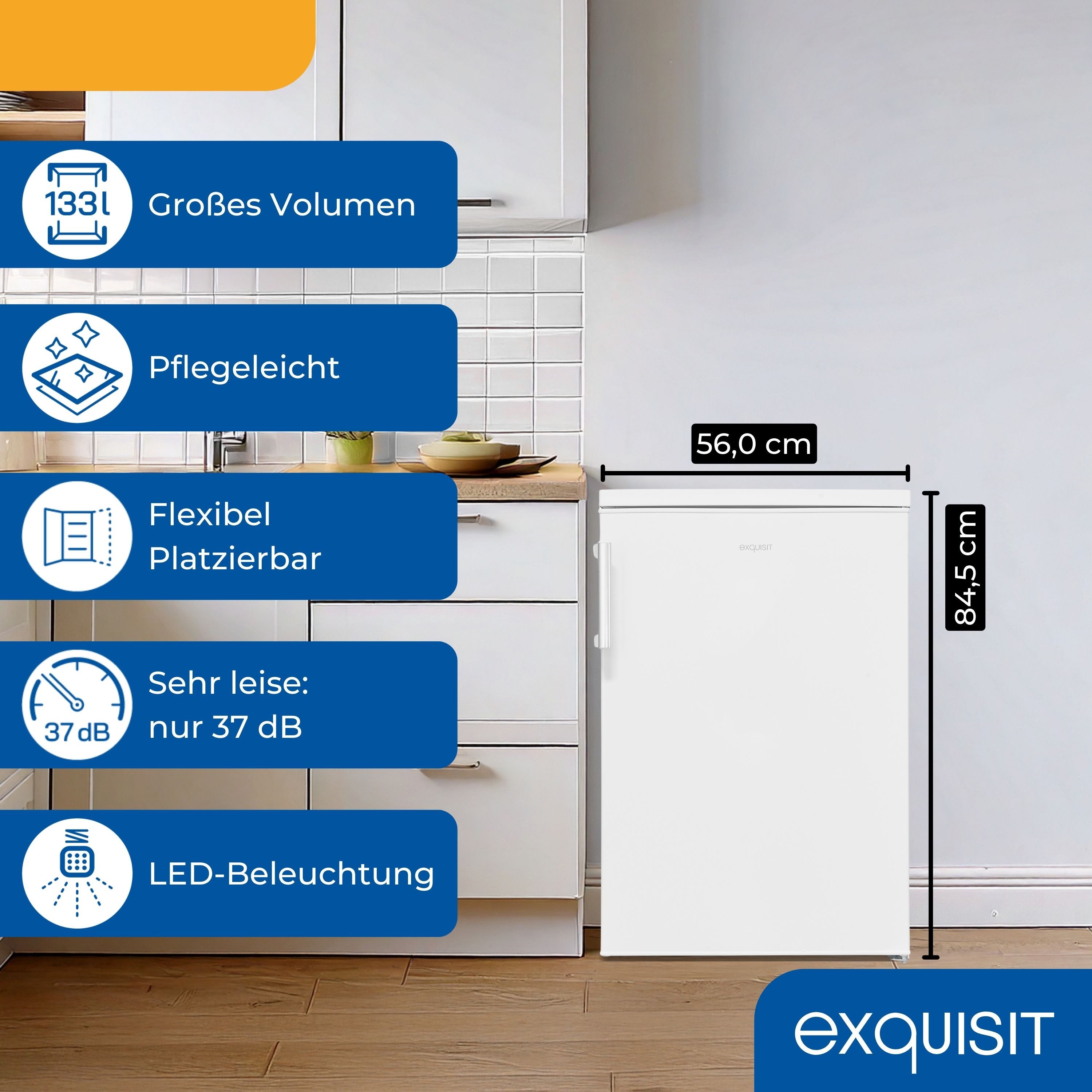 exquisit Kühlschrank KS16-V-H-010C weiss, 84,5 cm hoch, 56 cm breit, Sparsam, leise & praktisch: 133 L Mini-Kühlschrank für 1–2 Personen – Bild 4 von 5