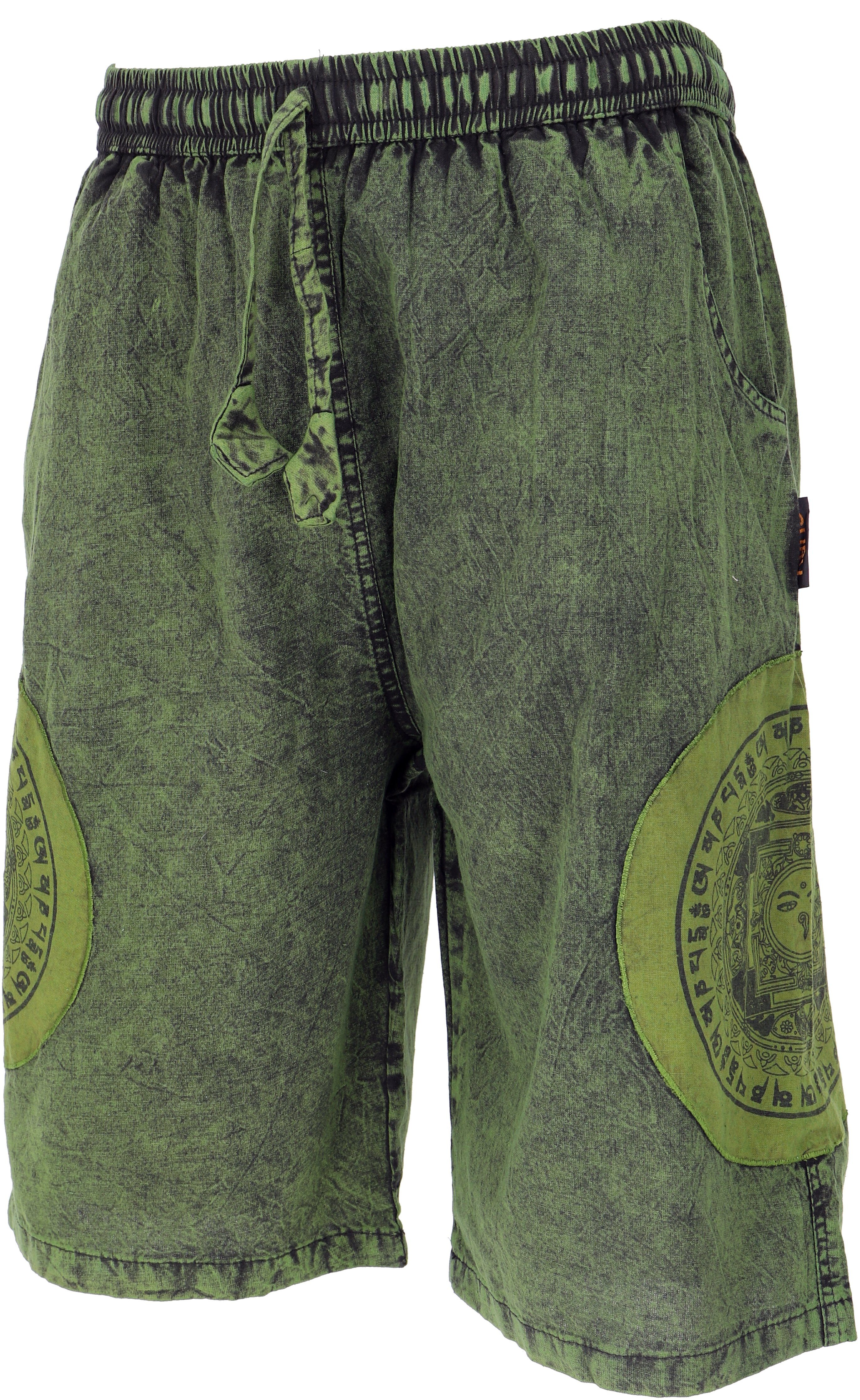 Guru-Shop Relaxhose Ethno Bekleidung Style, Shorts.. Patchwork Ethno Yogashorts, Hippie, alternative grün Stonwasch