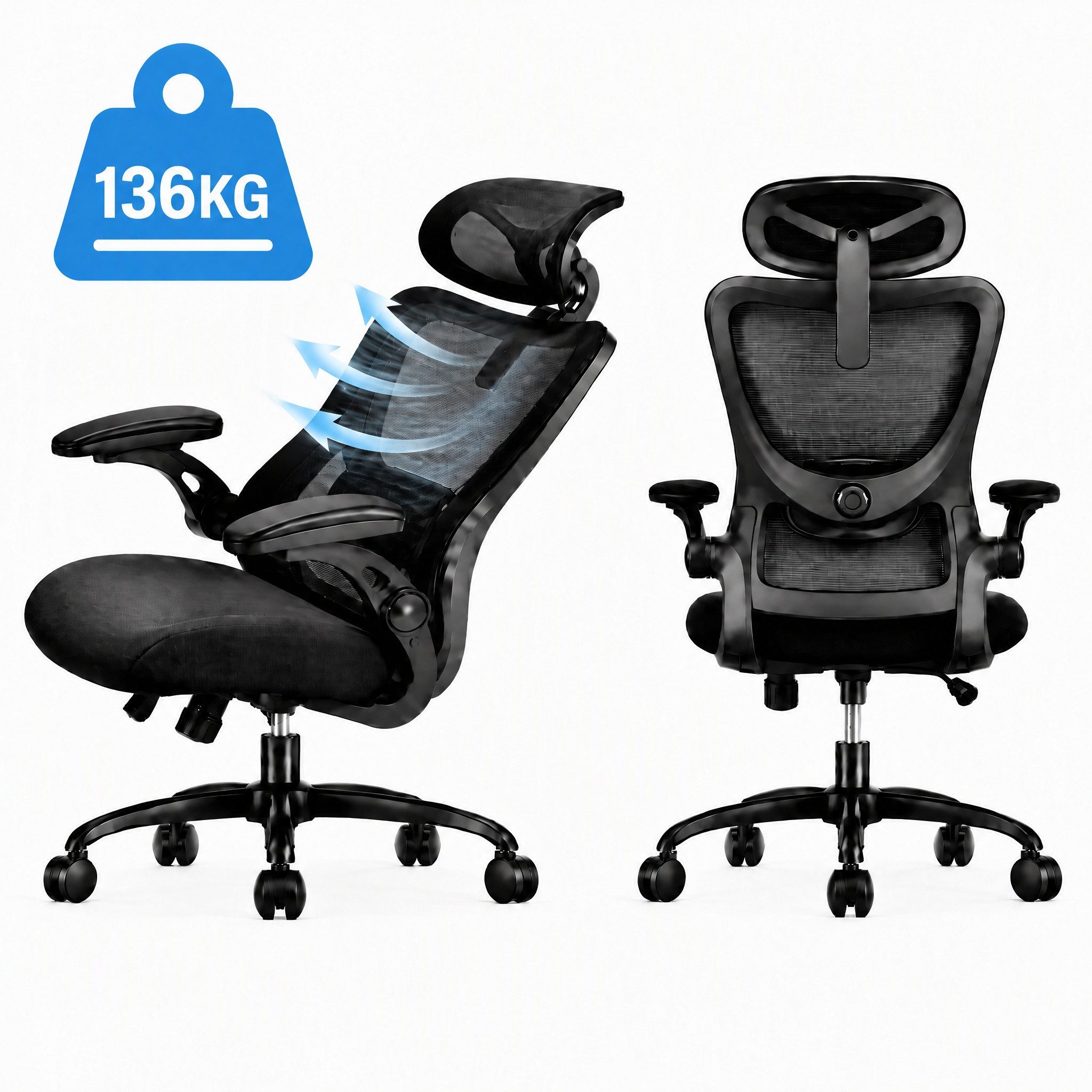 Marsail Bürostuhl ergonomisch mit verstellbarer Kopfstütze, 3D klappbaren Armlehnen (Drehbarer Schreibtischstuhl / Computerstuhl mit …