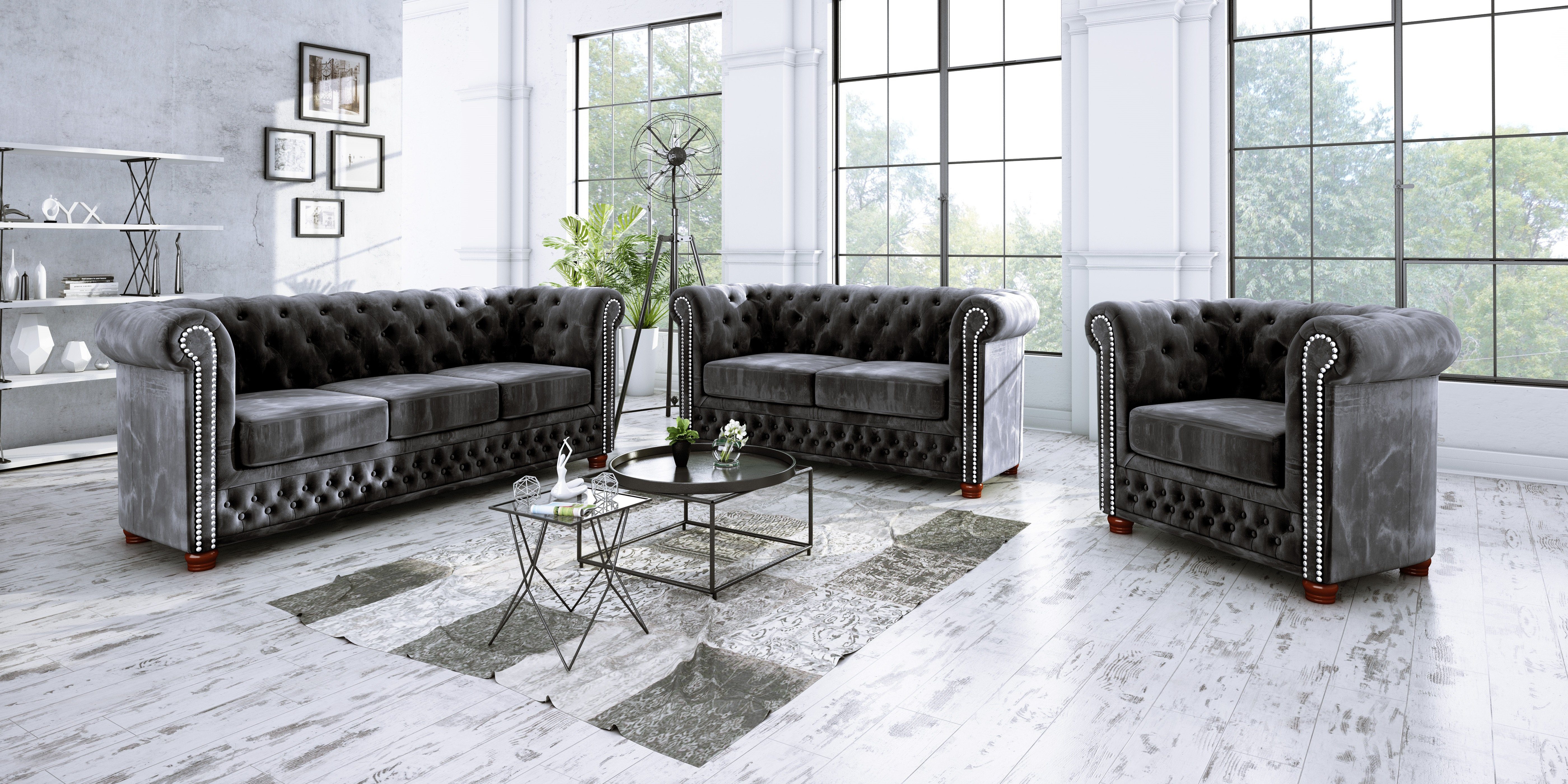 Chesterfield-Sessel S-Style mit Schwarz Möbel Wellenfederung Leeds,