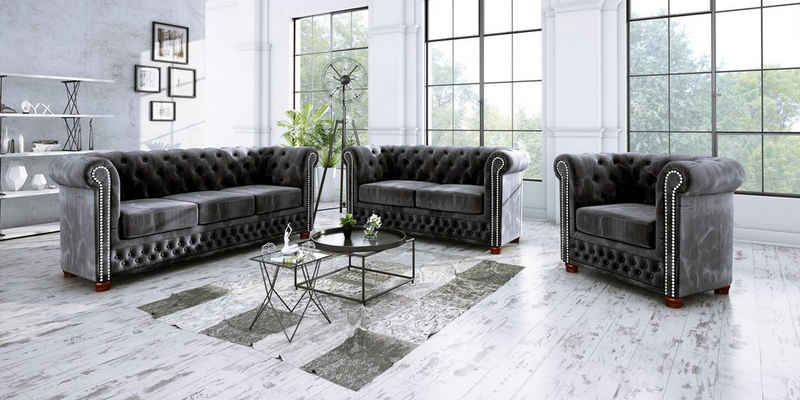 S-Style Möbel Polstergarnitur Chesterfield Leeds 3+2+1, (1x 3-Sitzer-Sofa, 1x 2-Sitzer-Sofa, 1x Sessel), mit Wellenfederung