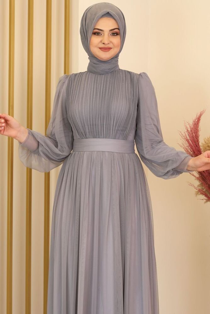 Grau Damenkleid Abiye Hijab Tüllkleid Abaya Maxikleid Abendkleid Langärmliges Kleid Modavitrini