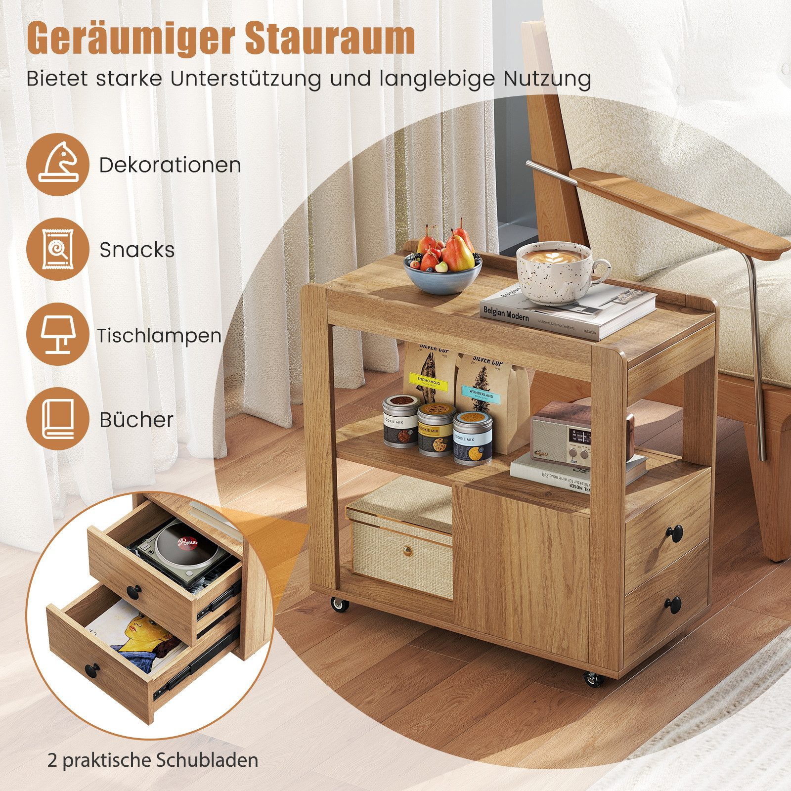 COSTWAY Beistelltisch, mit Stauraum, Schmaler Rollcontainer, Druckertisch mit Rollen