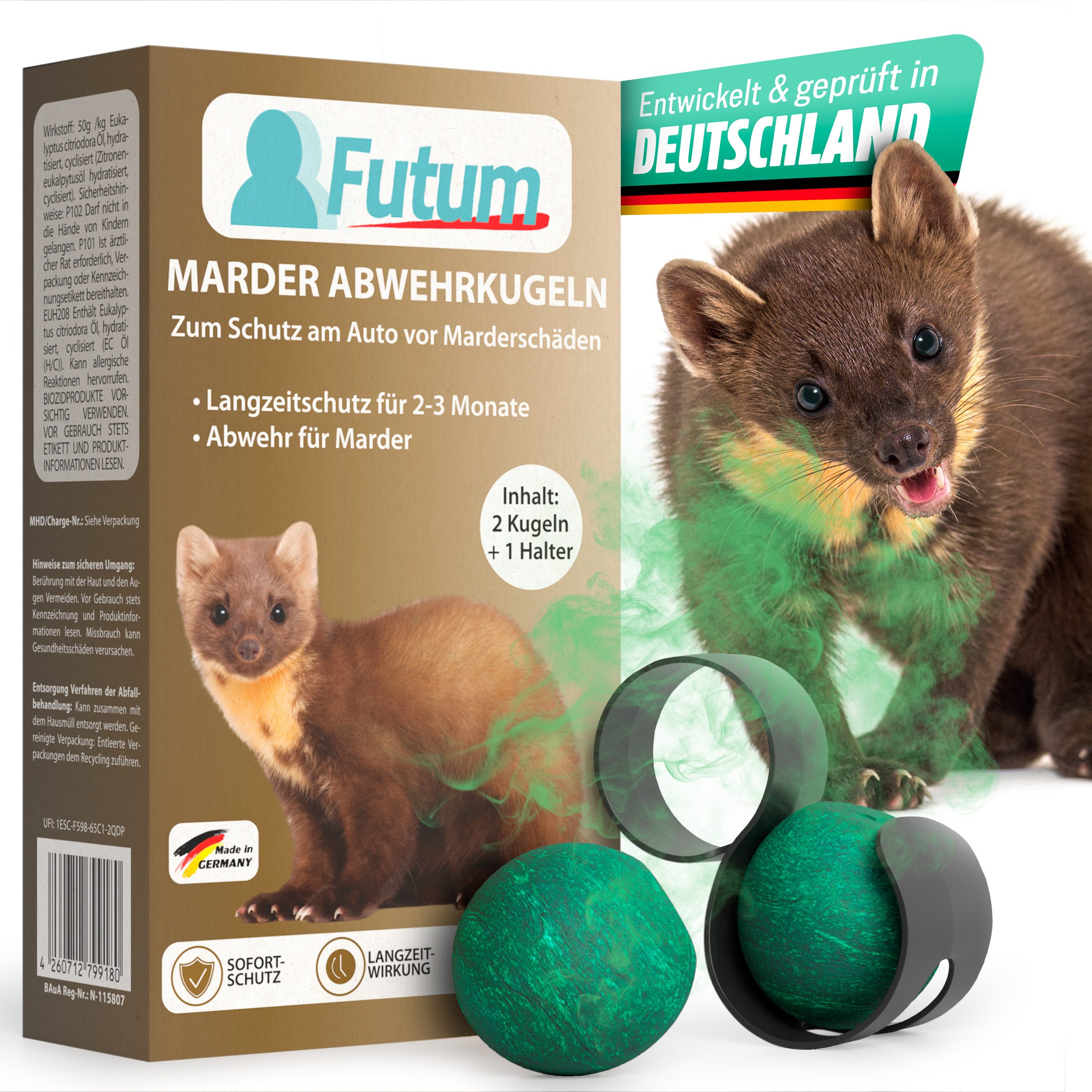 FUTUM Vergrämungsmittel 2er Set mit 1 Halter Marderkugeln gegen Marder für das Auto, 2-St., Marderabwehr