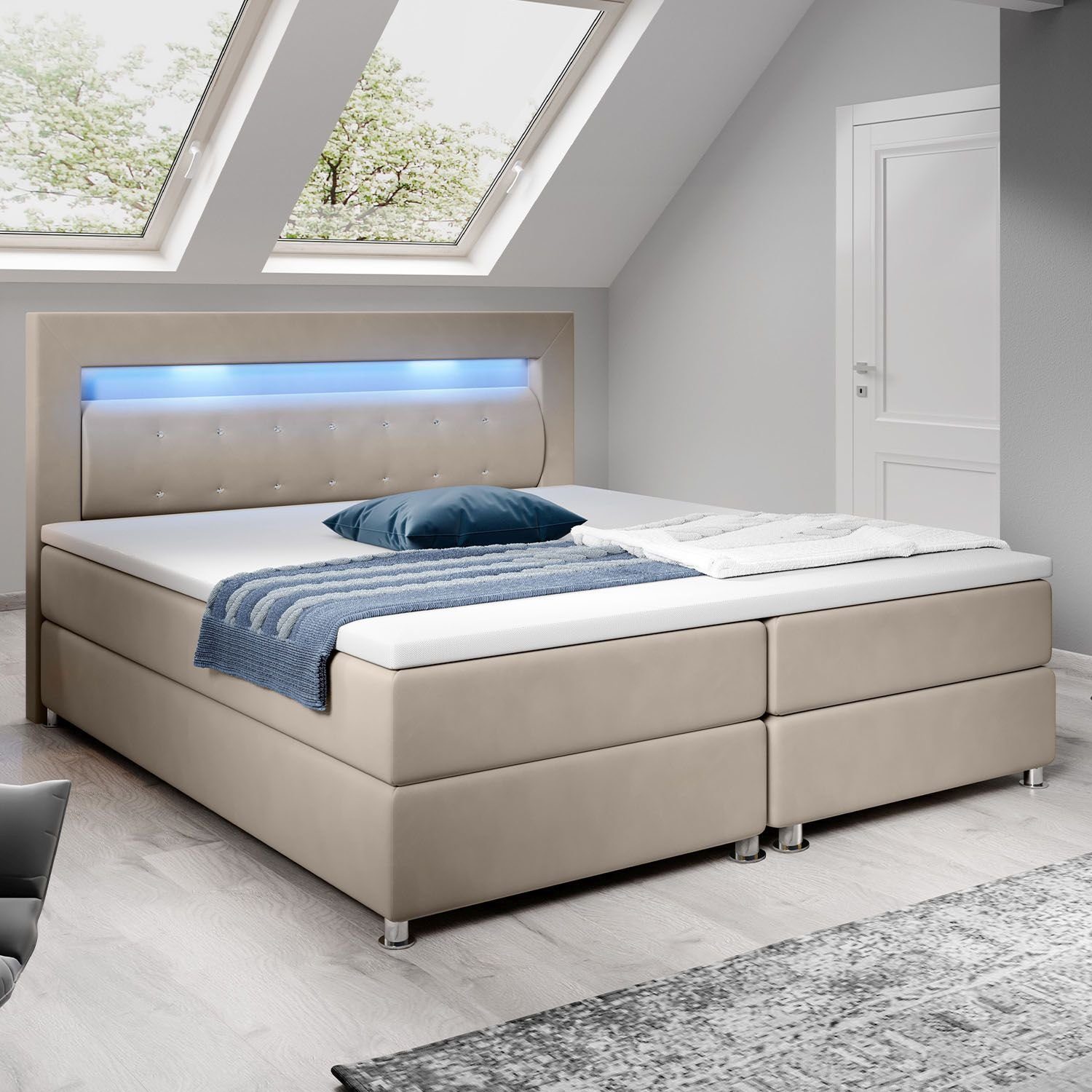 Juskys Boxspringbett Vancouver, 180x200 cm, Bonell-Federkernmatratzen, Topper, LED-Beleuchtung