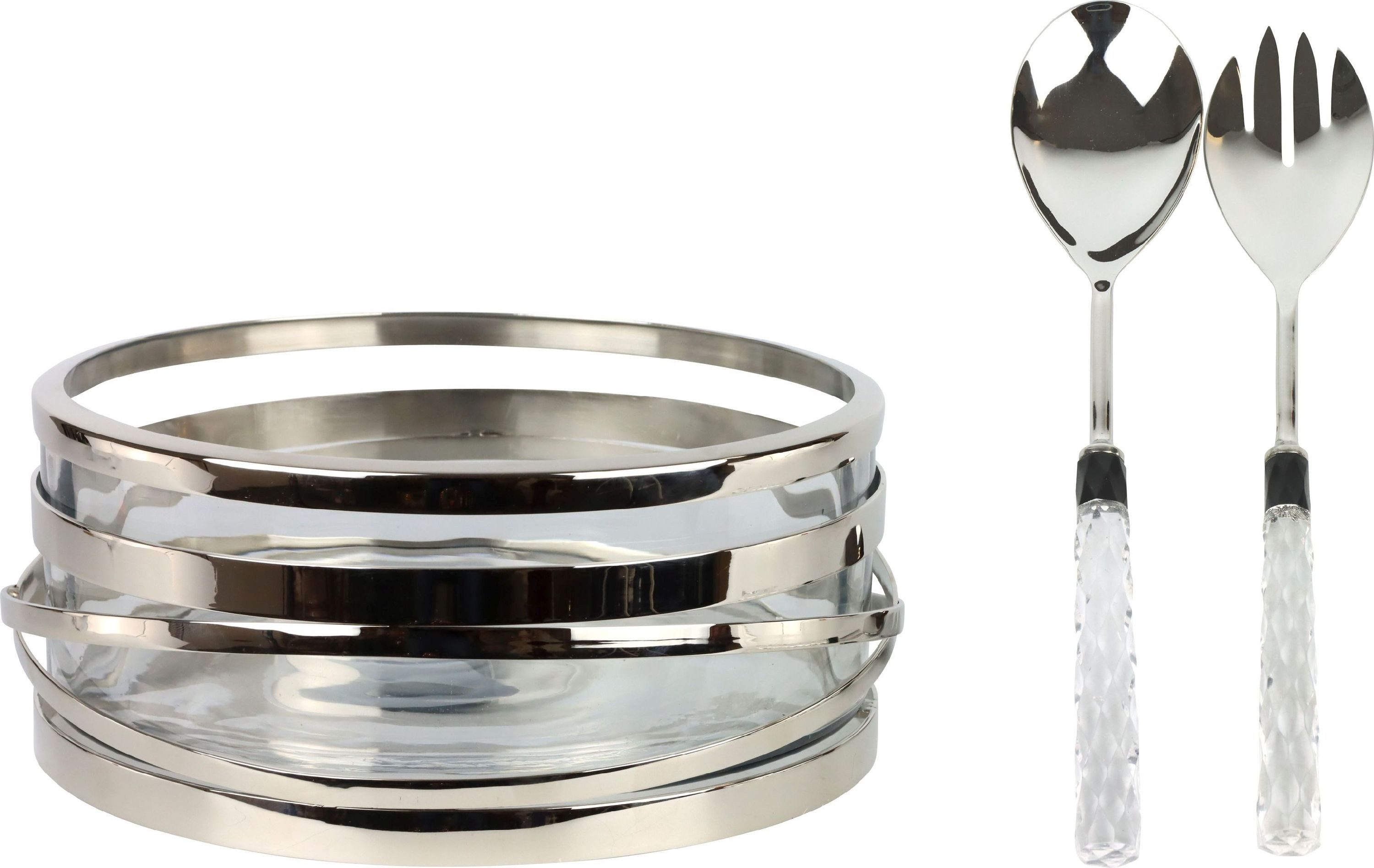 FURNARO Servier-Set, Edelstahl vernickelt, Glas, (3-tlg), mit Servierbesteck, im Kristalldesign mit Metallrahmen ø27x11,5cm