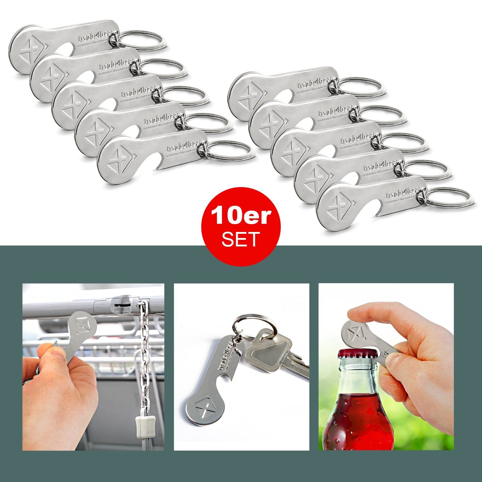 EAXUS Schlüsselanhänger 2in1 Einkaufswagenlöser mit Flaschenöffner aus Edelstahl (10-tlg), Rostfreier Einkaufswagenchip - Einkaufschip
