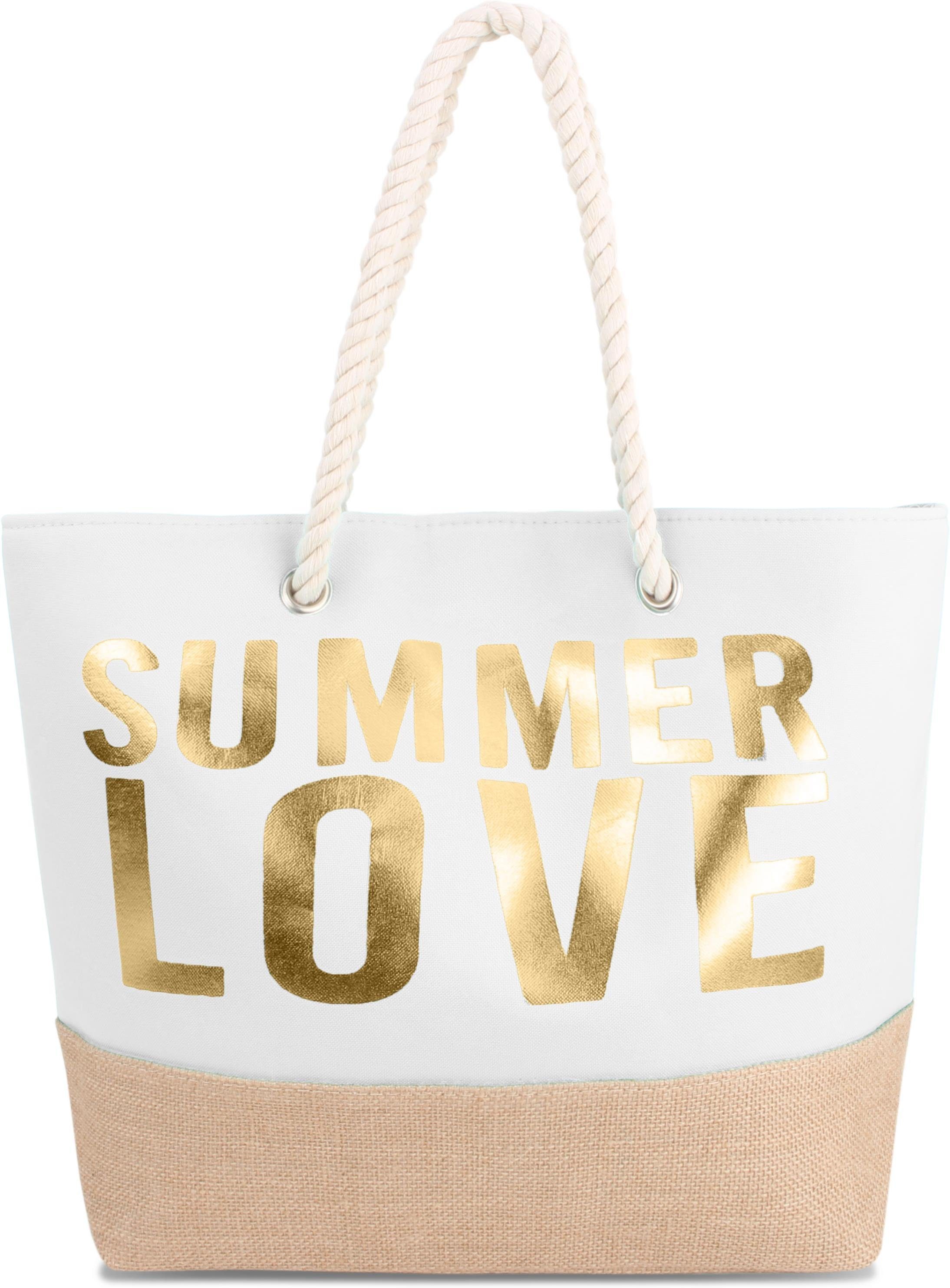 normani Strandtasche Bequeme Sommer-Umhängetasche, Strandtasche, Schultertasche als Henkeltasche tragbar Summer Love White/Gold | Canvas-Taschen