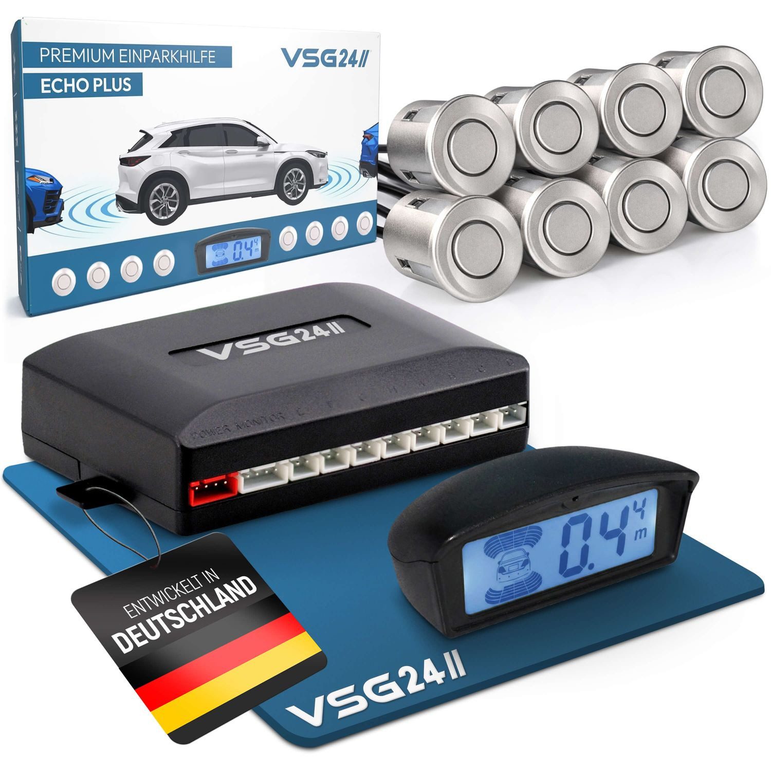 VSG24 Premium Kombi-Einparkhilfe ECHO PLUS Display Parkhilfe zum nachrüsten Rückfahrkamera (Rückfahrwarner mit Display & 8 Sensoren Stecksystem Nachrüstsatz PDC)