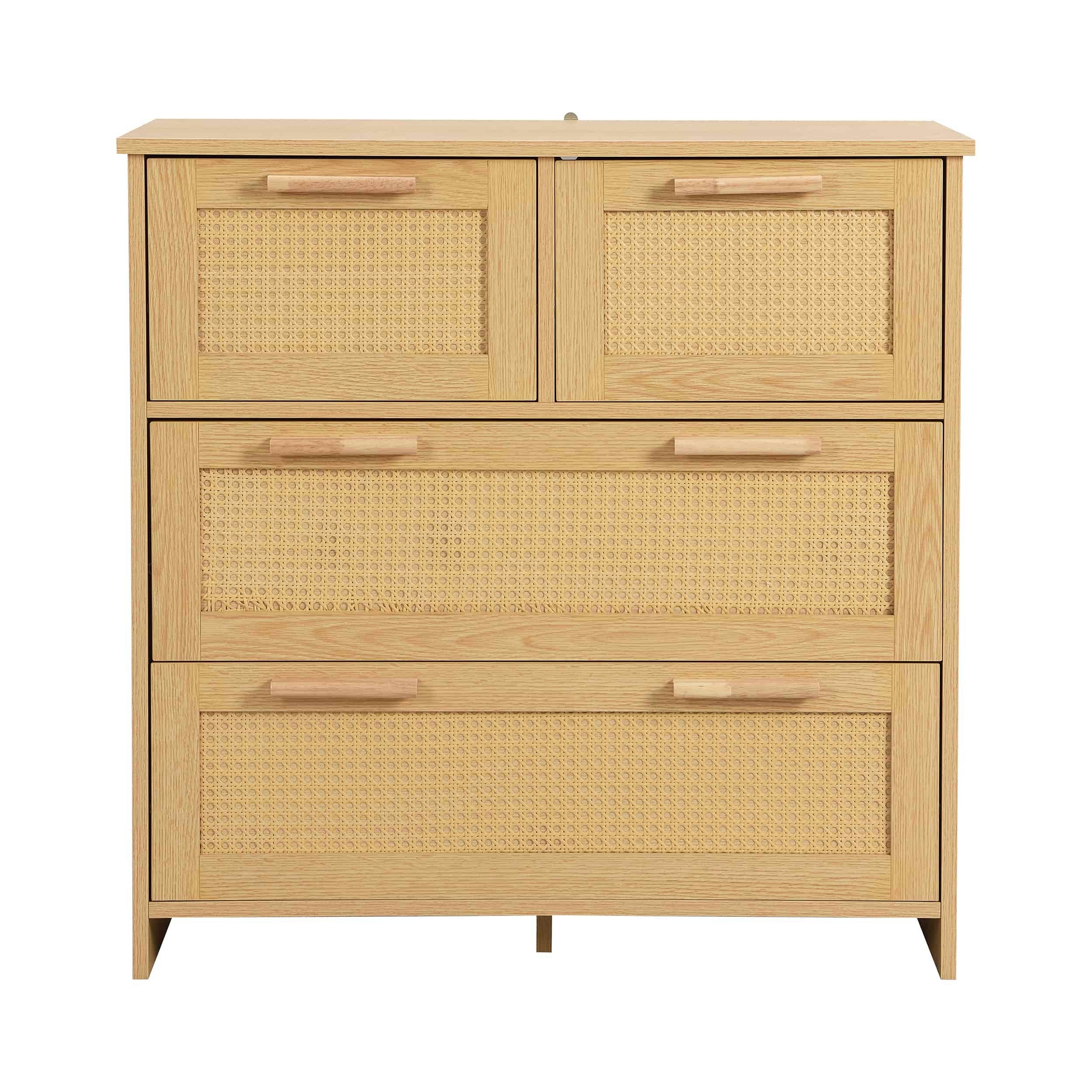BBWL Sideboard Rattankommode 80x80x38 cm mit 4 Schubladen, Massivholzgriffen (Moderner Schubladenschrank aus MDF & Rattan für Schlafzimmer, Wohnzimmer, Flur, Esszimmer – Kippsicherung & viel Stauraum – Pflegeleicht & vielseitig einsetzbar)