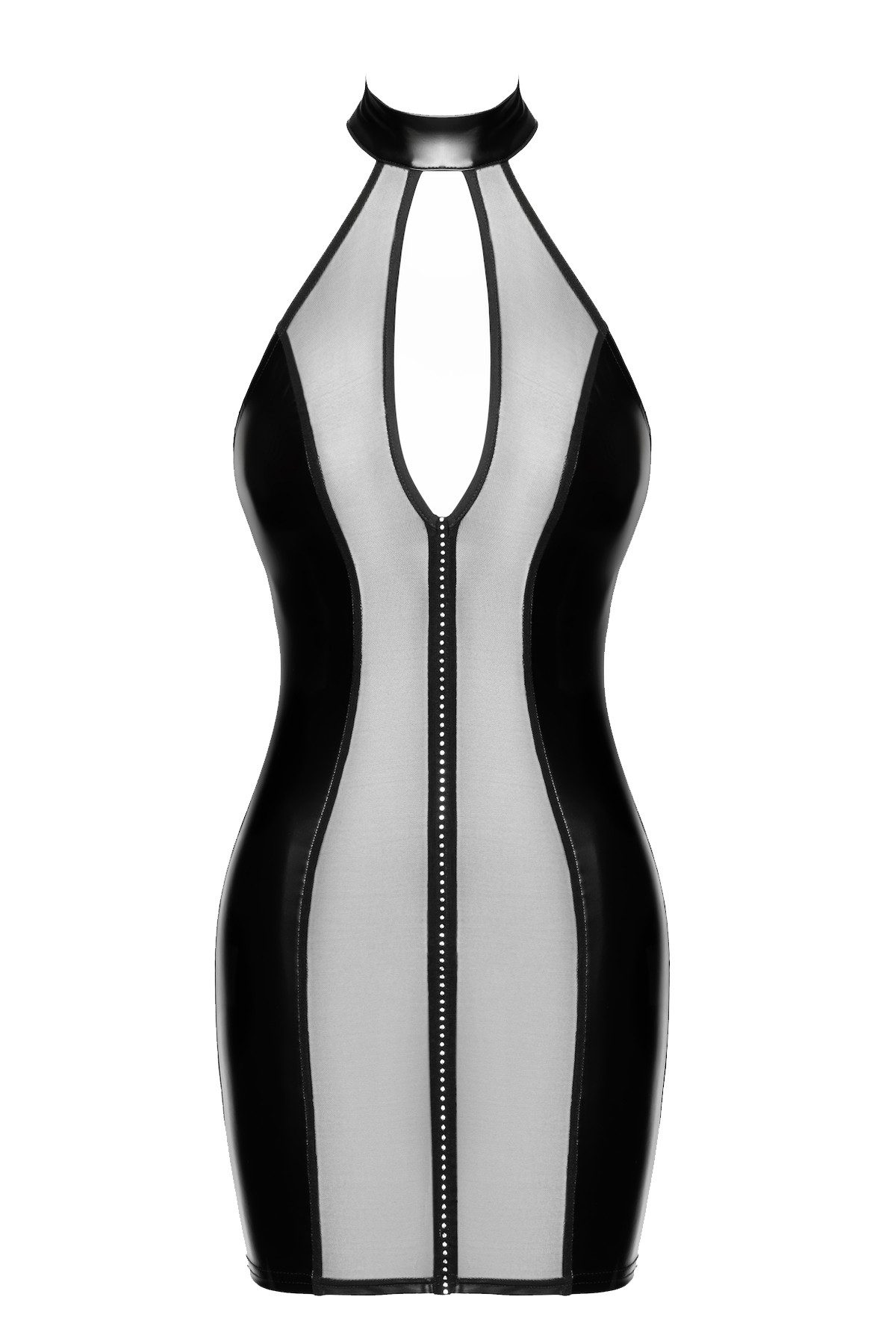 Noir Handmade Minikleid Damen Wetlook Neckholder Kleid schwarz mit Netz und Ausschnitt transpa