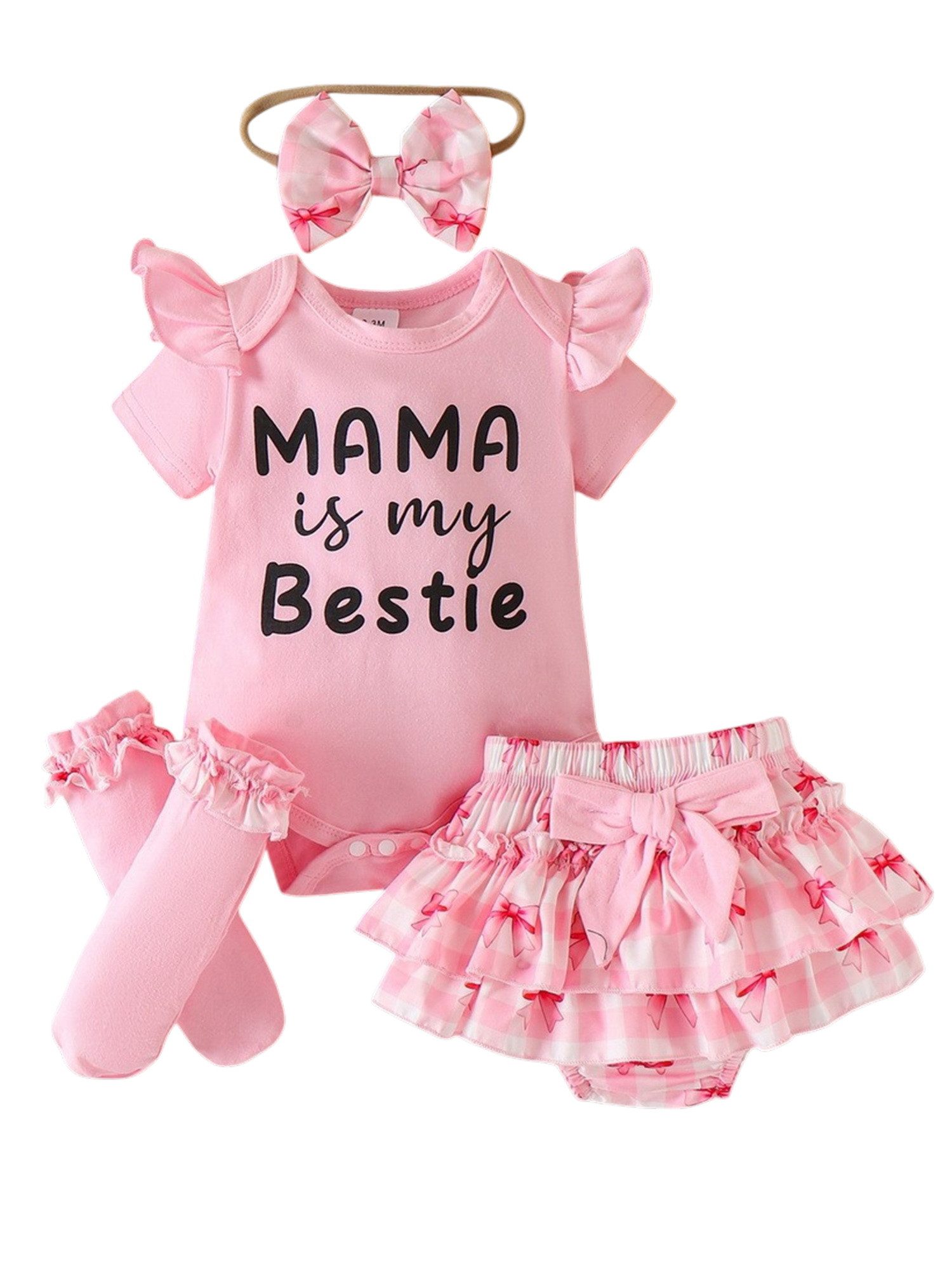 Lapastyle Shirt, Rock & Haarband Neugeborenen-Outfit, Kurzarm-Overall, Rock, Söckchen und Stirnband (Set, 4-tlg) Rosa Baby-Mädchen-Outfit mit Rüschen Karomuster, für Alltag, Partys.