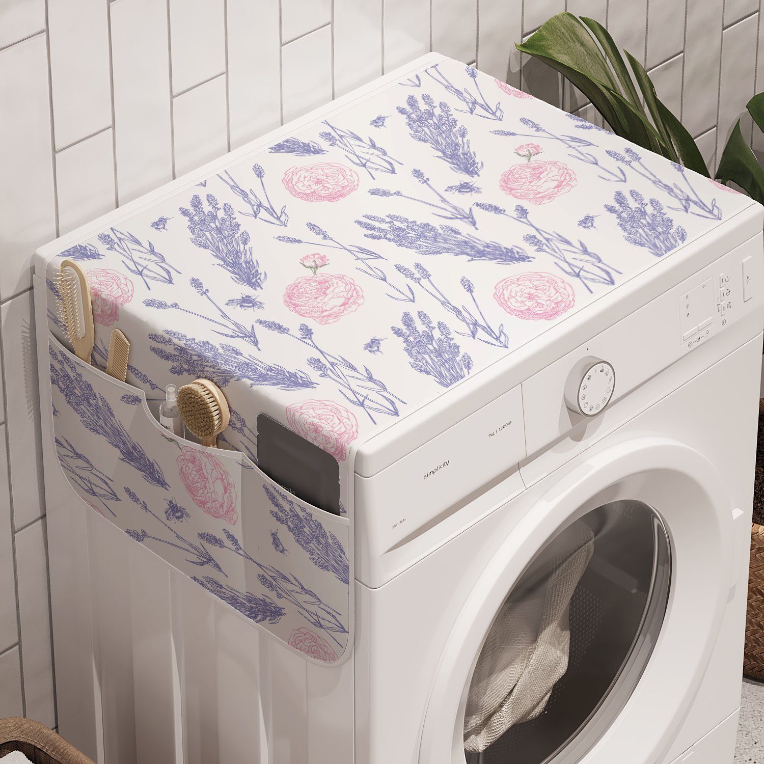 Abakuhaus Badorganizer Vintage Waschmaschine und Rose Trockner, für Lavendel-Blumenskizze Anti-Rutsch-Stoffabdeckung
