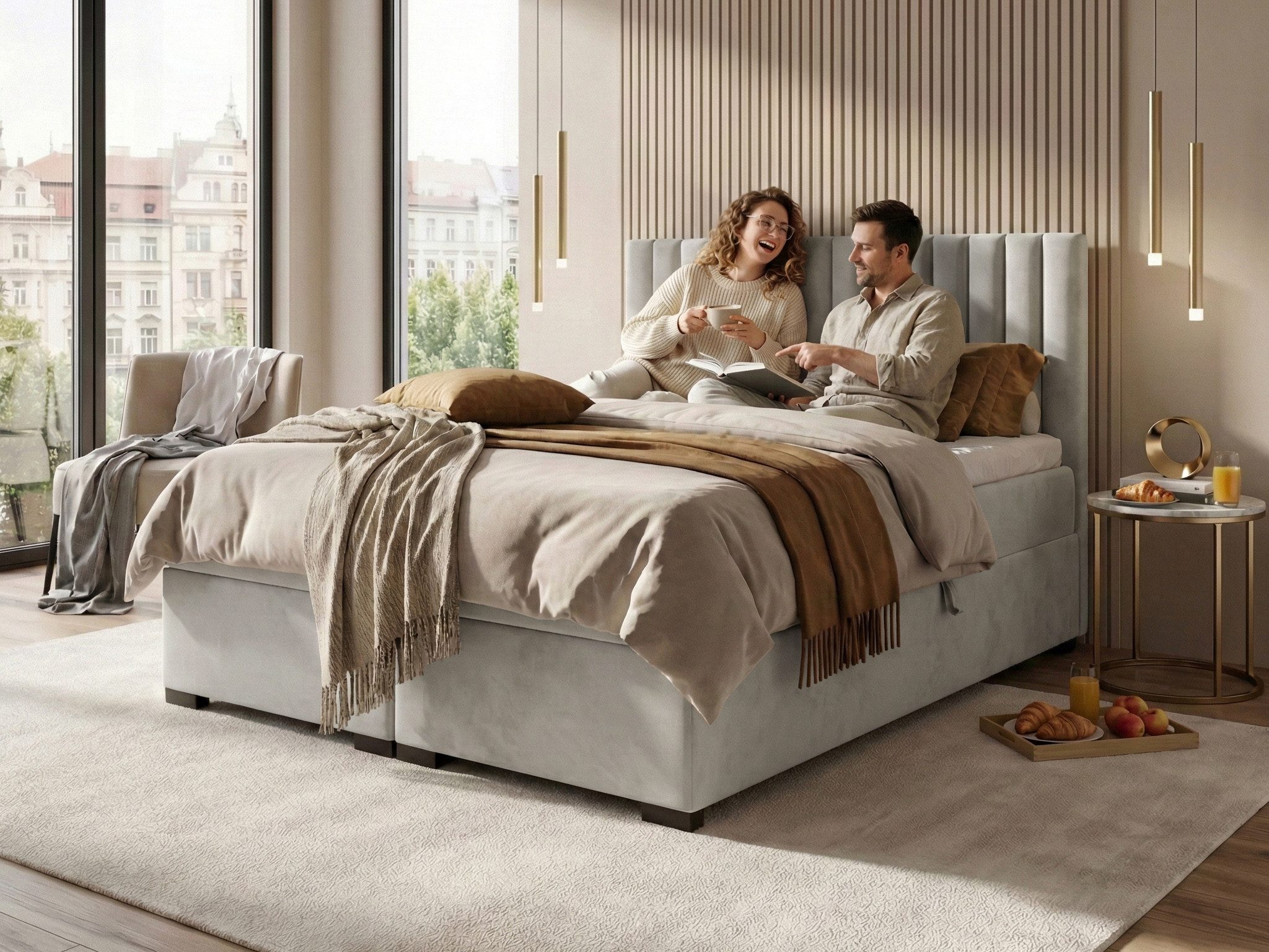 Beautysofa Boxspringbett ERIC mit Bettkasten (mit hohem Schlafkomfort, Premium Polsterbett in 6 angesagten Farben), Doppelbett mit integrierter Federkernmatratze & Topper GRATIS