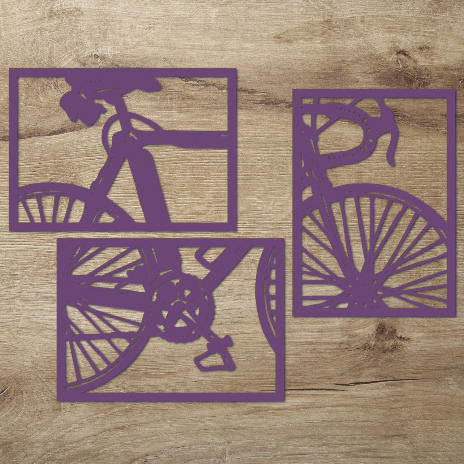 Namofactur Wanddekoobjekt XXL Fahrrad Wandbild aus Holz (3-teilig), Außergewöhnliches Holz-Wandtattoo für Dein zuhause Lila