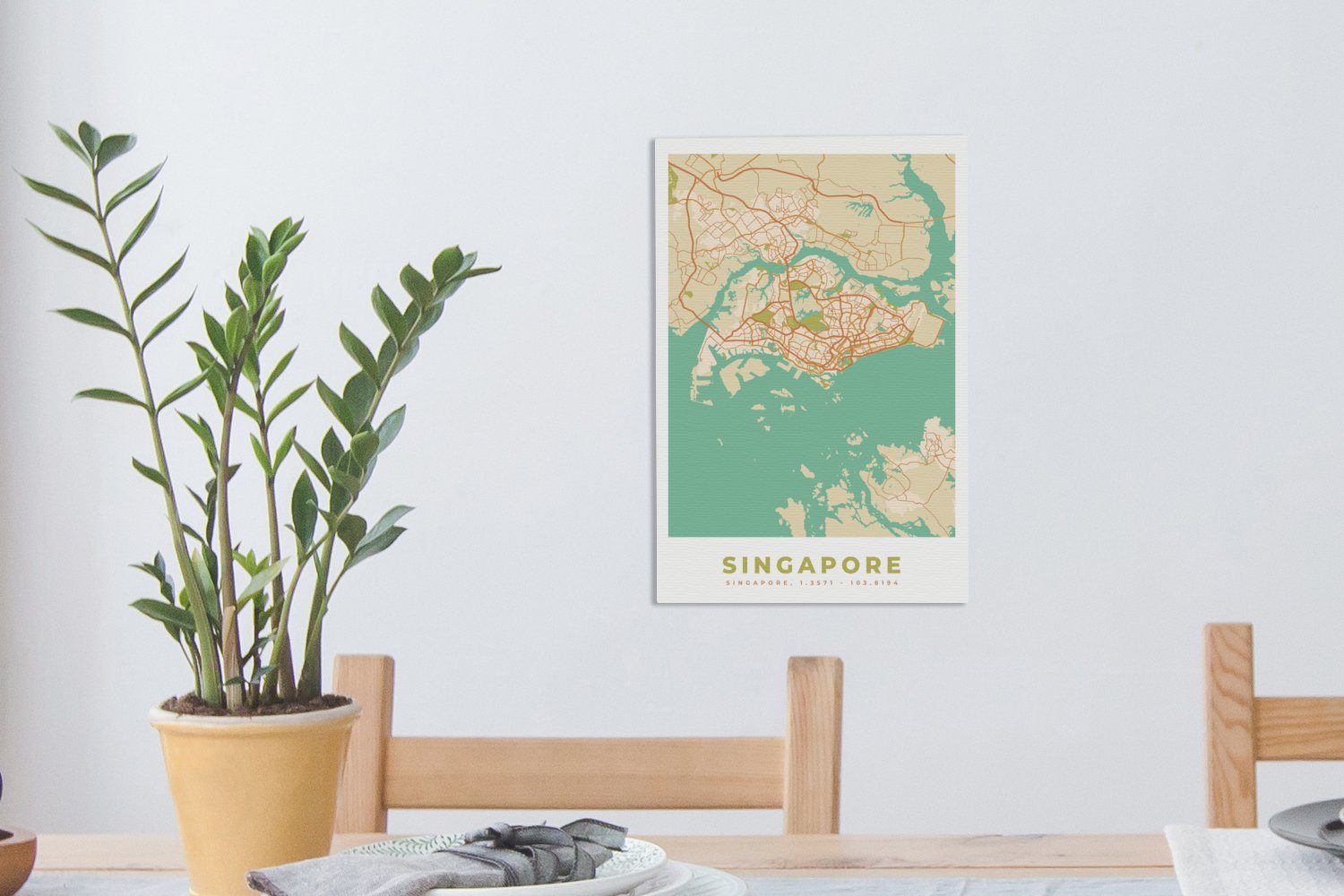 Karte, - - Karte Stadtplan St), (1 inkl. fertig Vintage - Leinwandbild Leinwandbild cm Zackenaufhänger, Gemälde, OneMillionCanvasses® - Singapur 20x30 bespannt