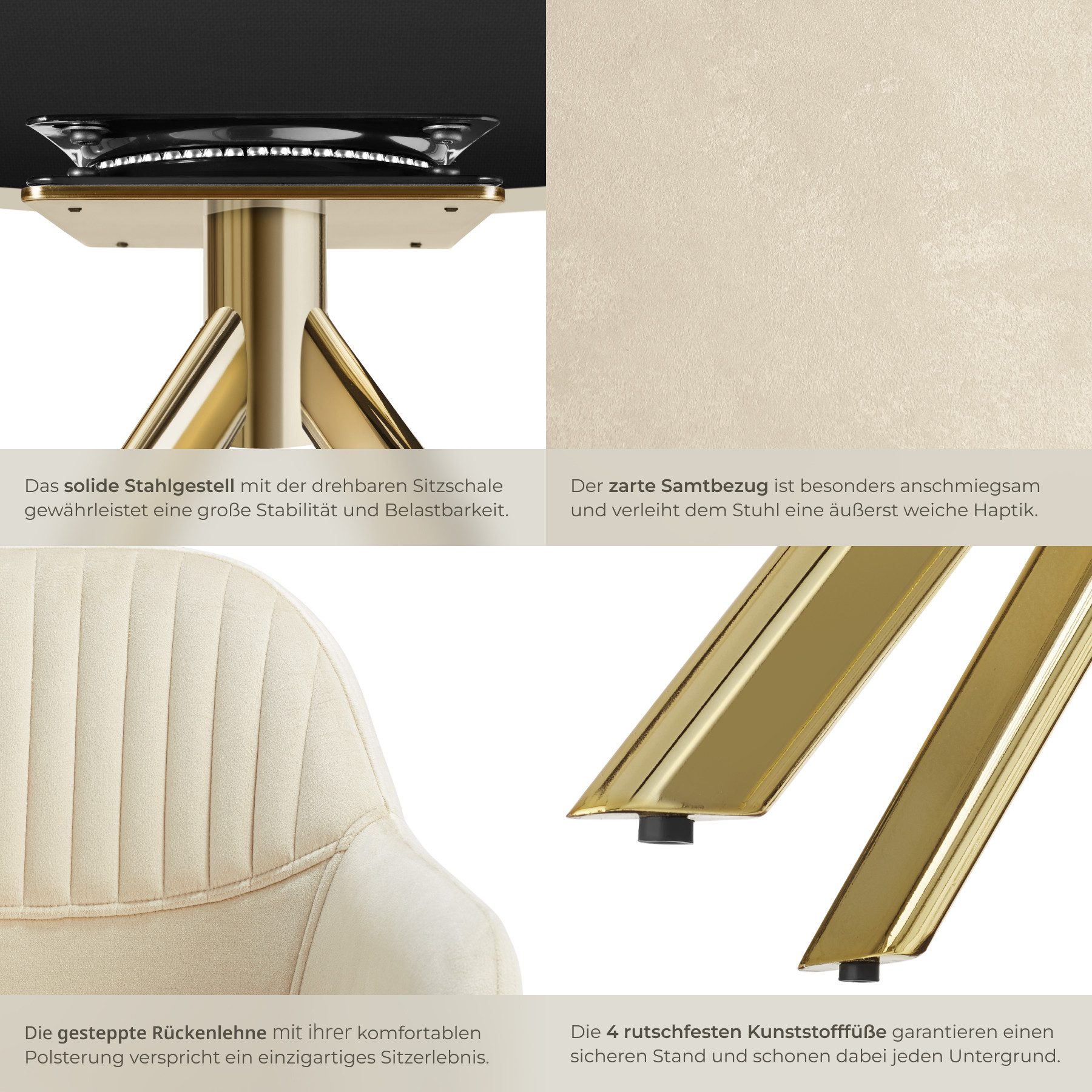 tectake Esszimmerstuhl Samt-Drehstuhl gepolstert, mit durchgehender Lehne, 56 x 59 x 81 cm (Bürostuhl Lona in creme/gold, 2 St), 360° drehbar, schlanke Stahlbei – Bild 5 von 5