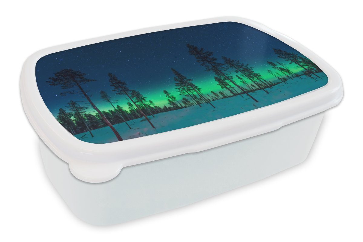 MuchoWow Lunchbox Nordlicht - Schnee - Bäume - Natur - Grün, Kunststoff, (2-tlg), Brotbox für Kinder und Erwachsene, Brotdose, für Jungs und Mädchen weiß