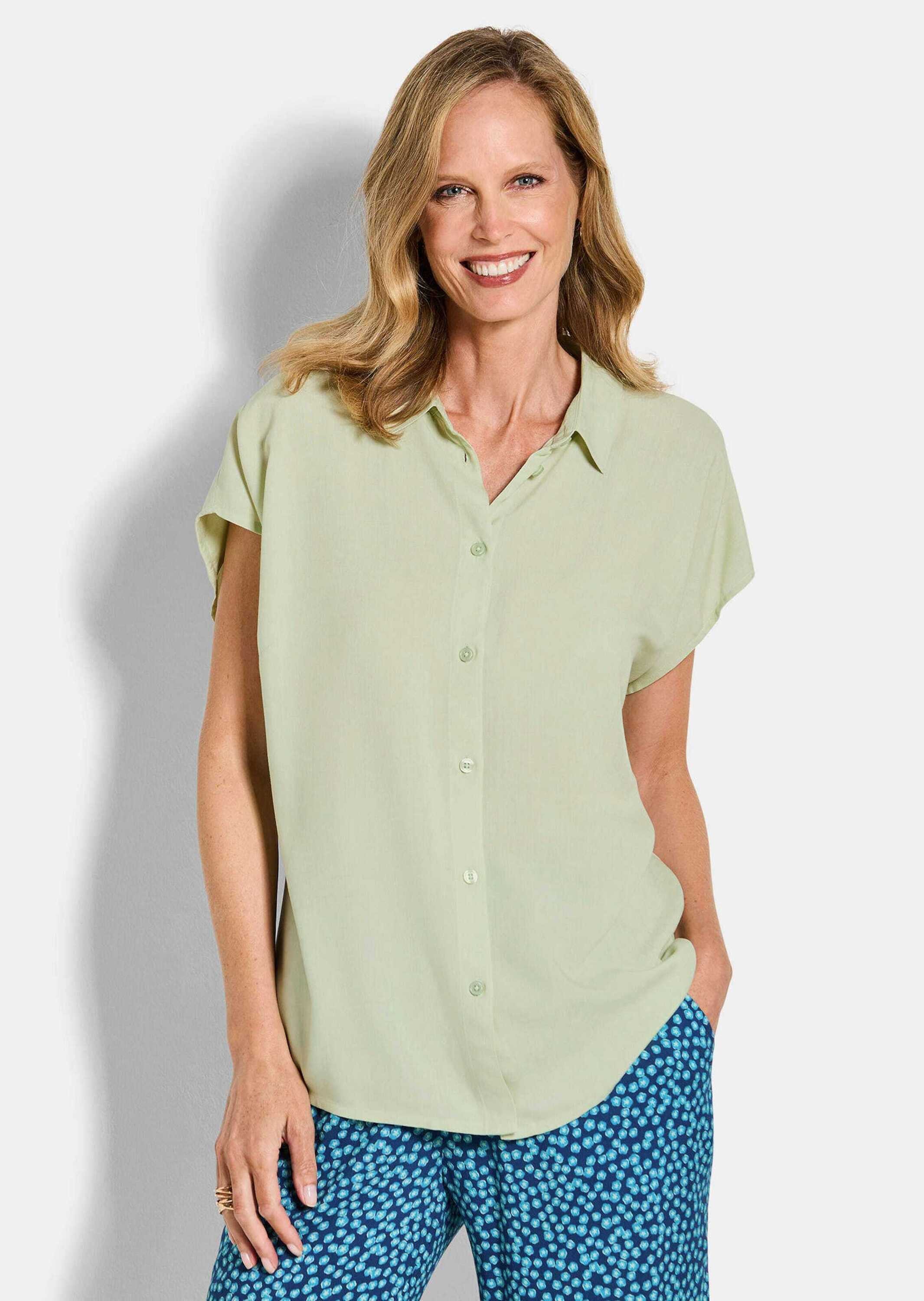GOLDNER Kurzarmbluse Viskosebluse mit Hemdkragen Blusenshirt mit Knopfleiste, Kellerfalte und Viertelarm