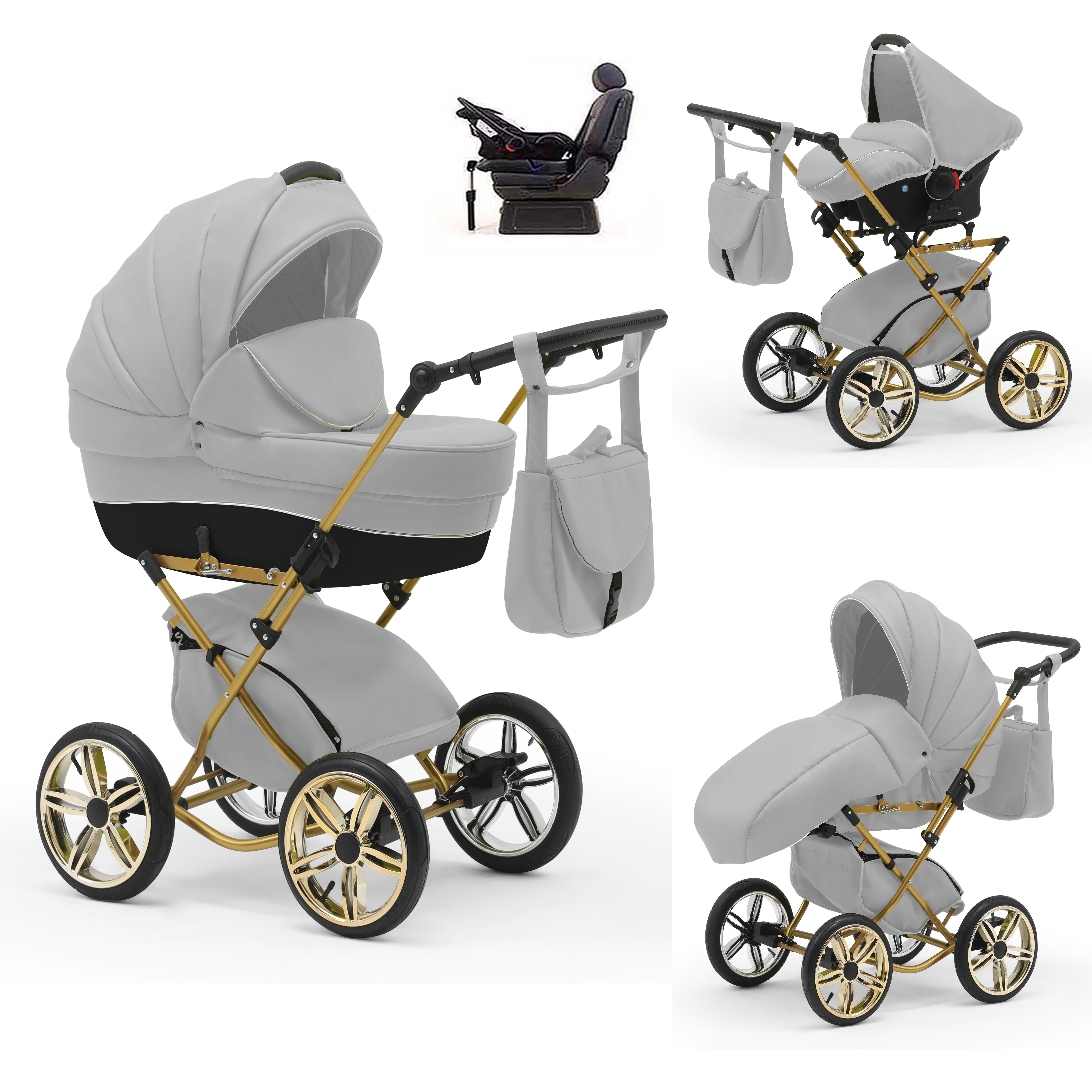 babies-on-wheels Kombi-Kinderwagen Sorento 4 in 1 inkl. Autositz und Iso Base - 14 Teile - in 10 Designs Hellgrau-Schwarz