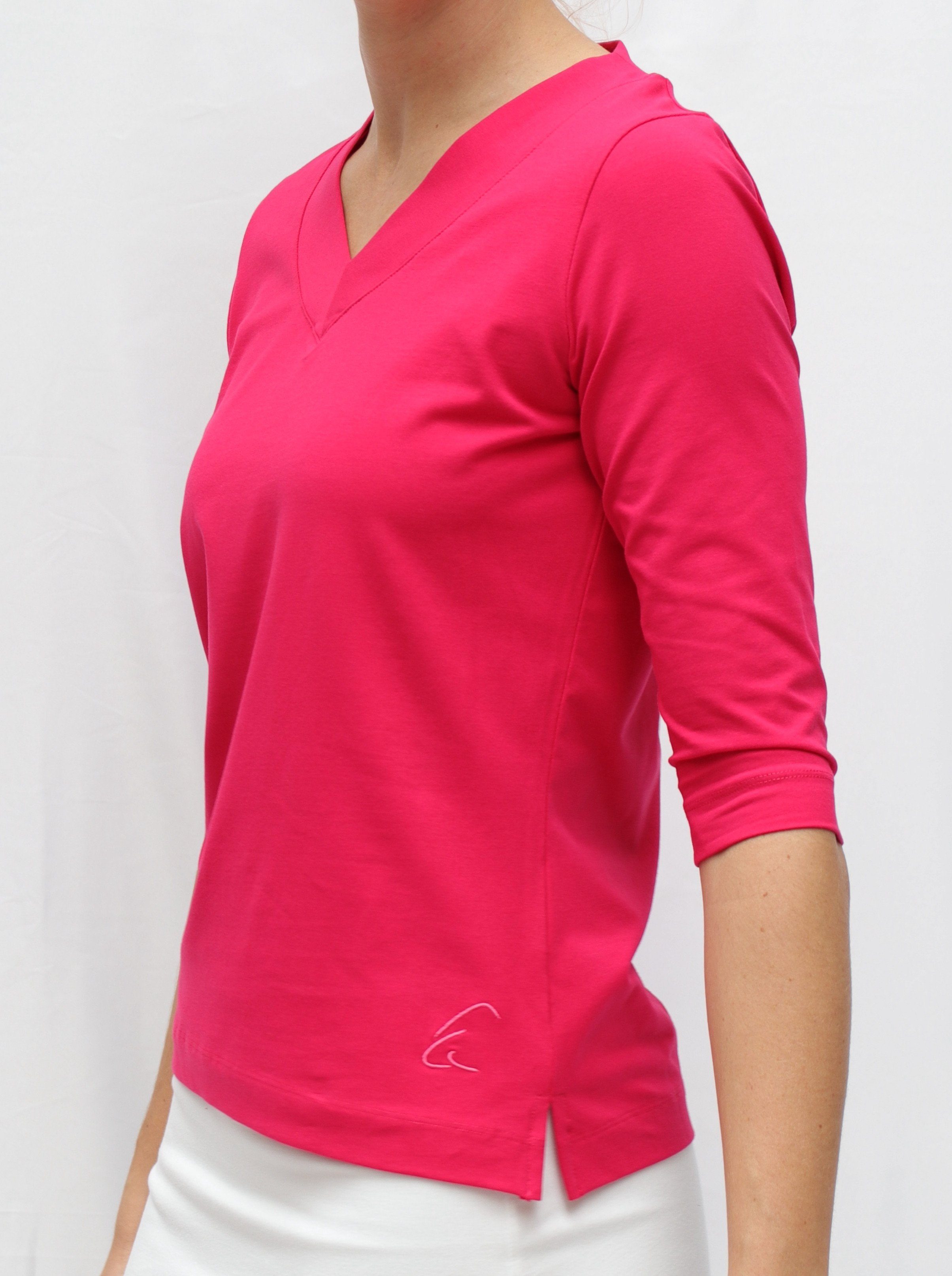 Raspberry lang 2/3 V-Ausschnitt Damen-Shirt Bio-Baumwolle geschnitten geschlitzt, Sundar und in leicht Ärmel, Yogatop ESPARTO