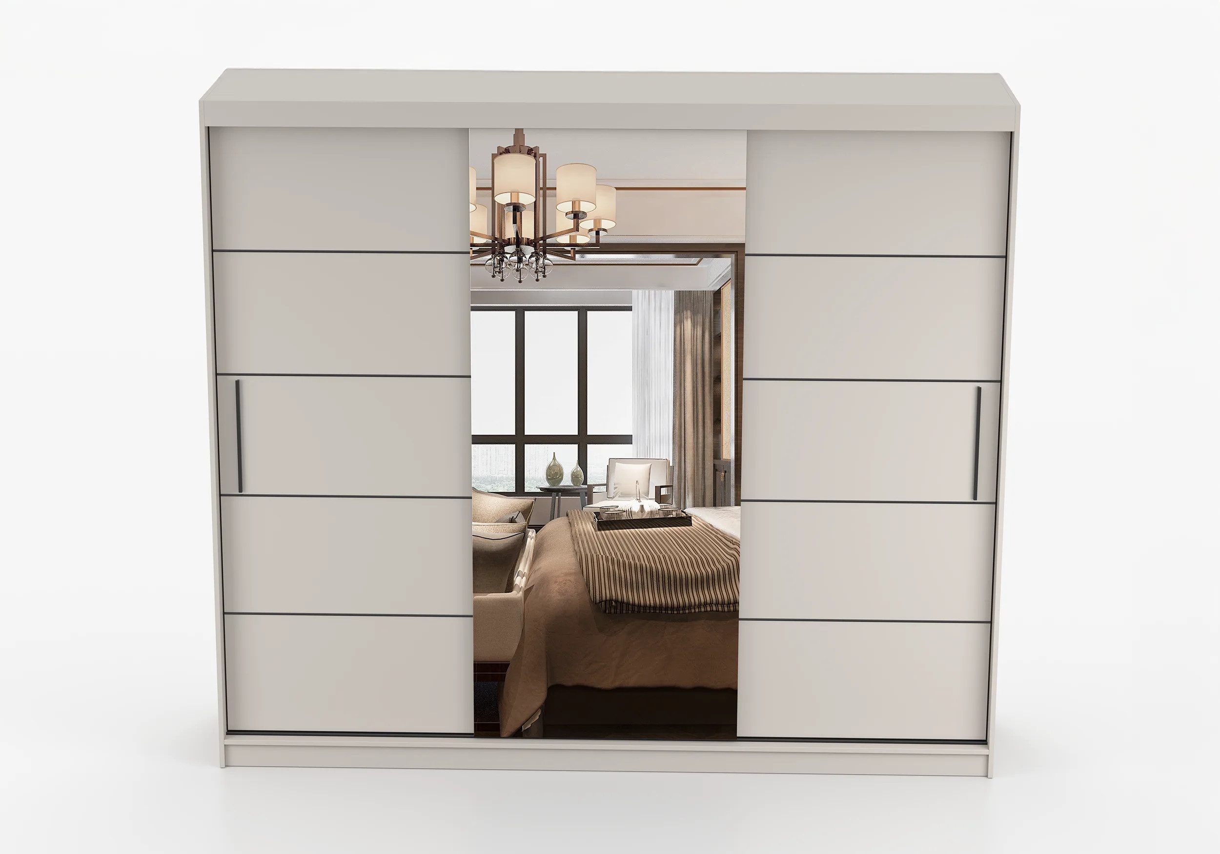 MOEBLO Schiebetürenschrank ELBA I Kaschmir mit Spiegel (Kleiderschrank - großer Spiegel, dekorative Aluminiumleisten, Kleiderstange & Einlegeböden, platzsparend – Bild 5 von 5