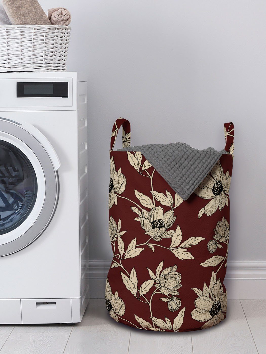 Abakuhaus Wäschesäckchen Wäschekorb mit Griffen Kordelzugverschluss Waschsalons, Blumen Weinlese-Mohnblumen-Blüten-Kunst für