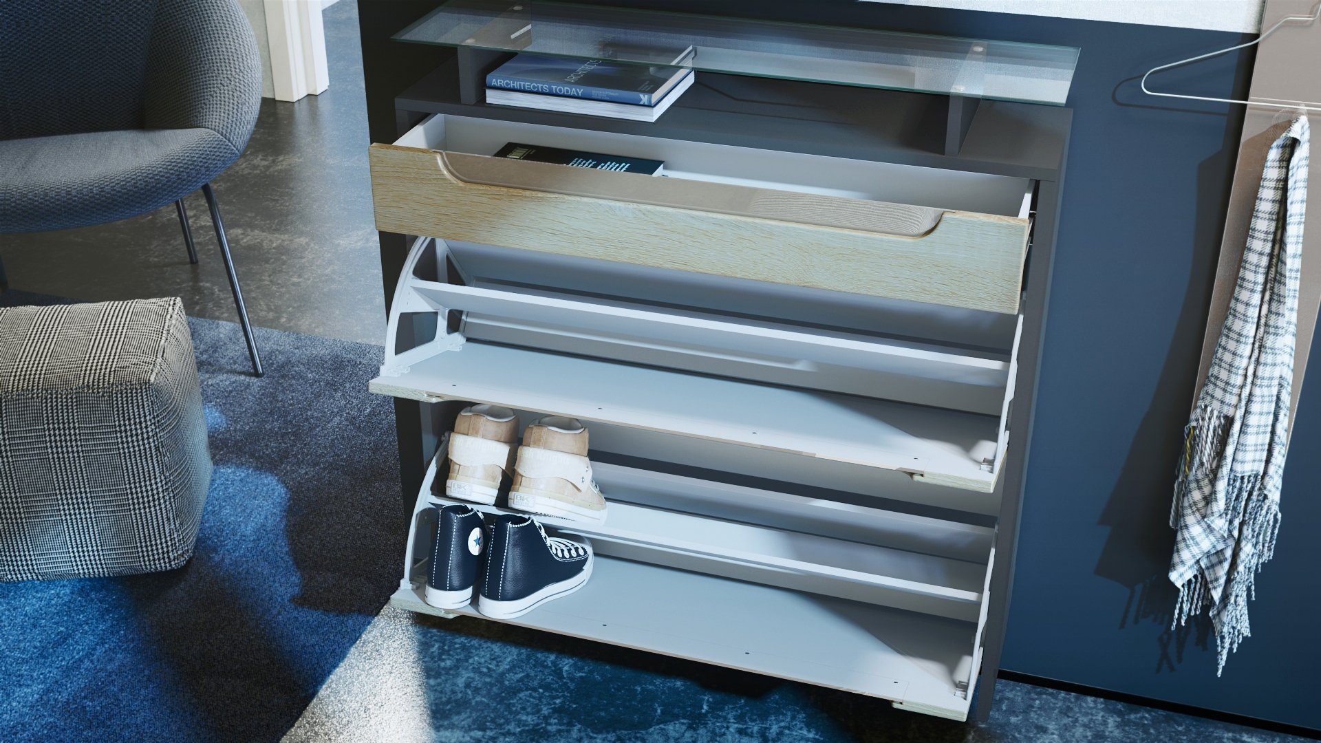 Vladon Schuhschrank Annie (Schuhkipper für 16 Paar Schuhe, mit 2 Klappen, Schublade und Glasablage) Anthrazit matt/ Brombeer glänzend/Weiß glänzend (89x96x23 cm)