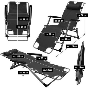 AMANKA Campingstuhl Liegestuhl mit Auflage und Kopfkissen Sonnenliege, 178 cm Campingliege Schwarz