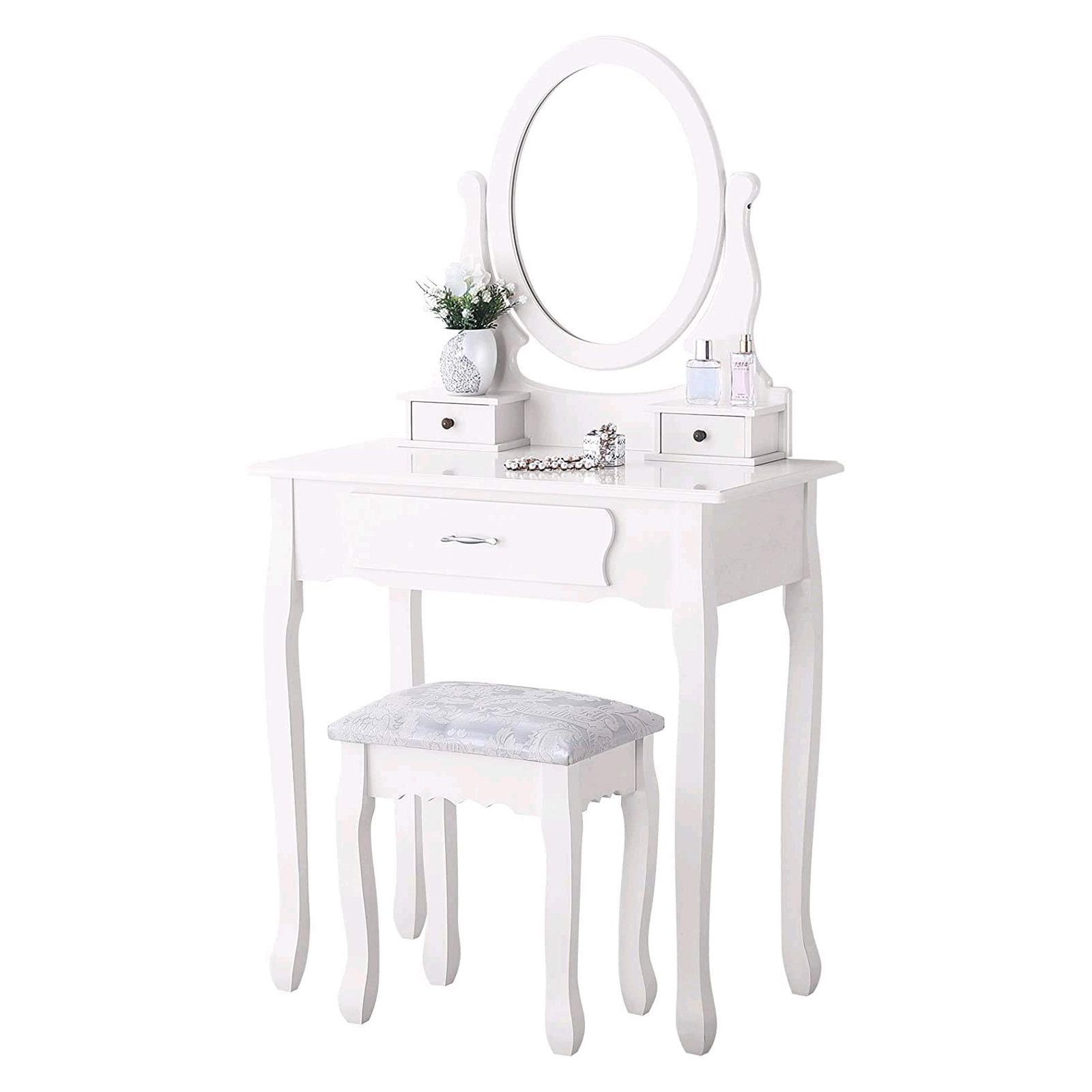 Schminktisch mit Spiegel, Hocker & 3 Schubladen, 75 x 40 x 136 cm