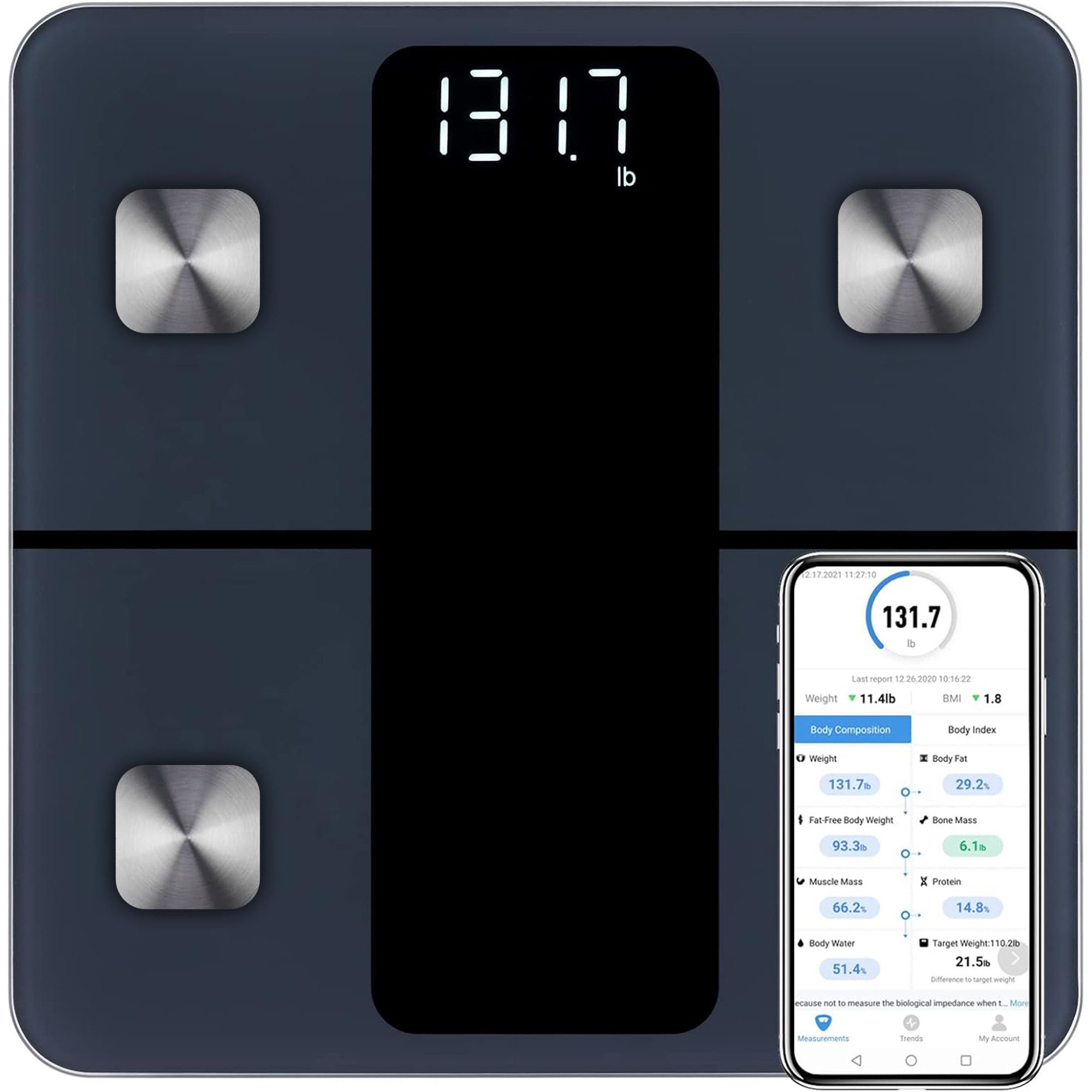Fyrove Körper-Analyse-Waage Digitale Bluetooth Waage für Personen, Körperfettwaage, mit App zur Übertragung und Tracking der Messwerte, Full Body Scan, BMI, Körperfett, Wasser & Muskelanteil, bis zu 180 kg