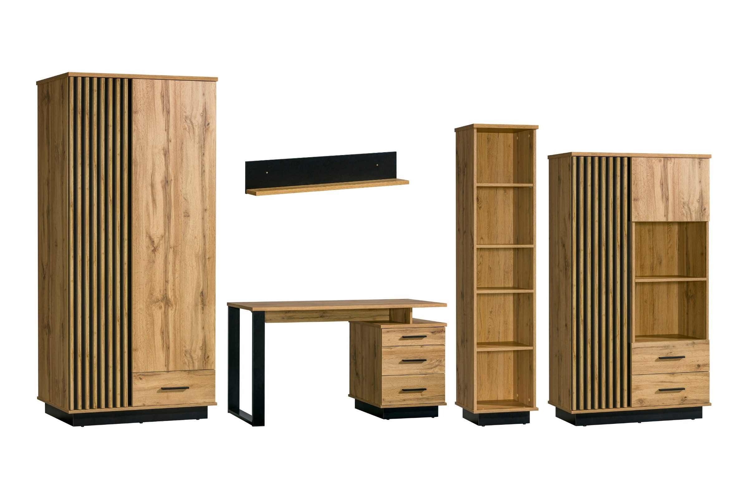 Deine Möbel 24 Jugendzimmer-Set LAMI G Kinderzimmer Kleiderschrank, Schreibtisch, Regale & Wandboard, (Set mit Lamellen, Scandi Industrial Modern, 5-tlg., Viel Stauraum für Kleidung, Bücher, Schul- oder Arbeitsmaterialien), Farbe: Wotan Eiche / Schwarz, für Jugendzimmer, Büro oder Gästezimmer