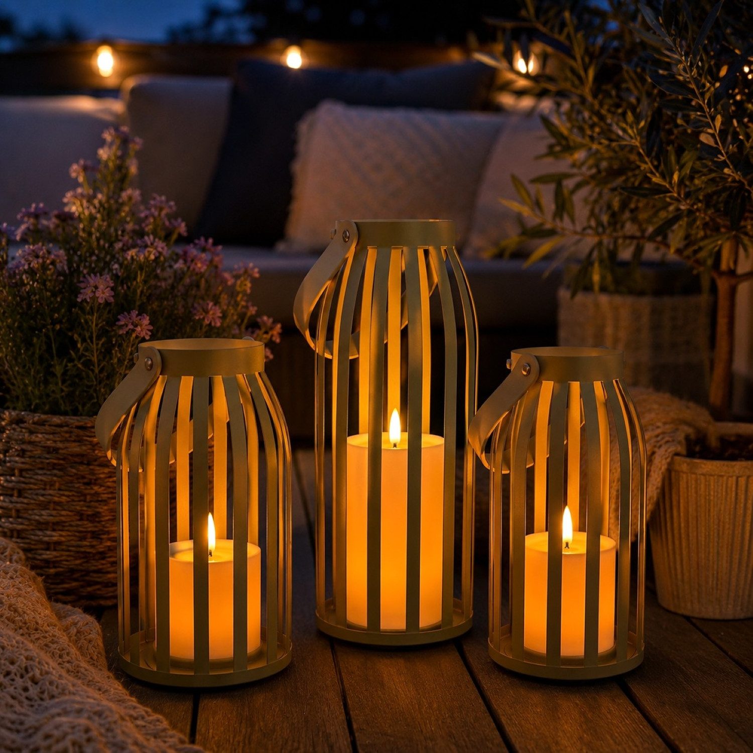 Online-Fuchs LED Laterne 3er Set Laternen aus Metall mit LED-Kerzen & Timer - Outdoor geeignet, mit realistischer Flamme und Wachsspiegel, warmweiße Beleuchtung, 6-Stunden Timerfunktion - für den Innen- und Außenbereich
