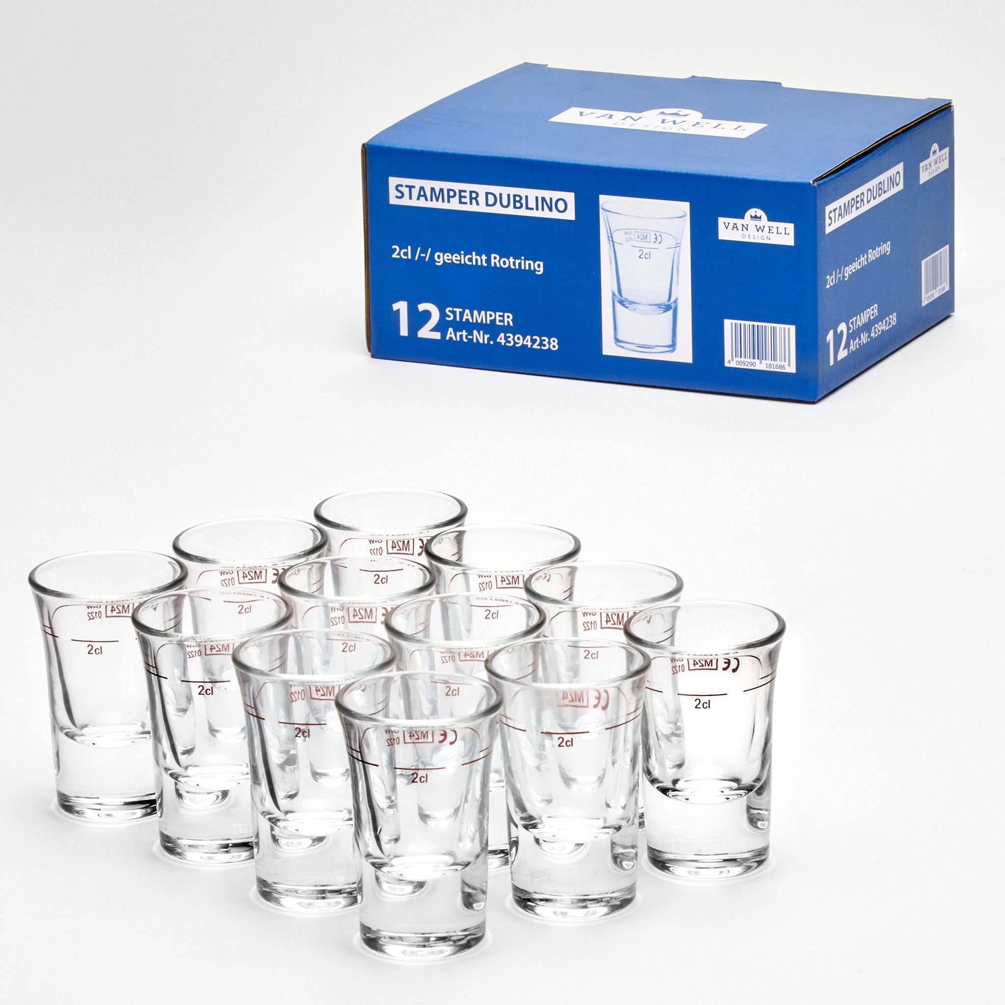van Well Schnapsglas Stamper Dublino 2cl Rotring geeicht, 12 Stück, 12-tlg., Glas, geeicht, Rotring