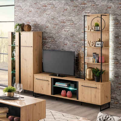 Homestyle4u Wohnwand Schrankwand Anbauwand Wohnzimmer-Set Modern Eiche Holz Industrial, (3-teilig)