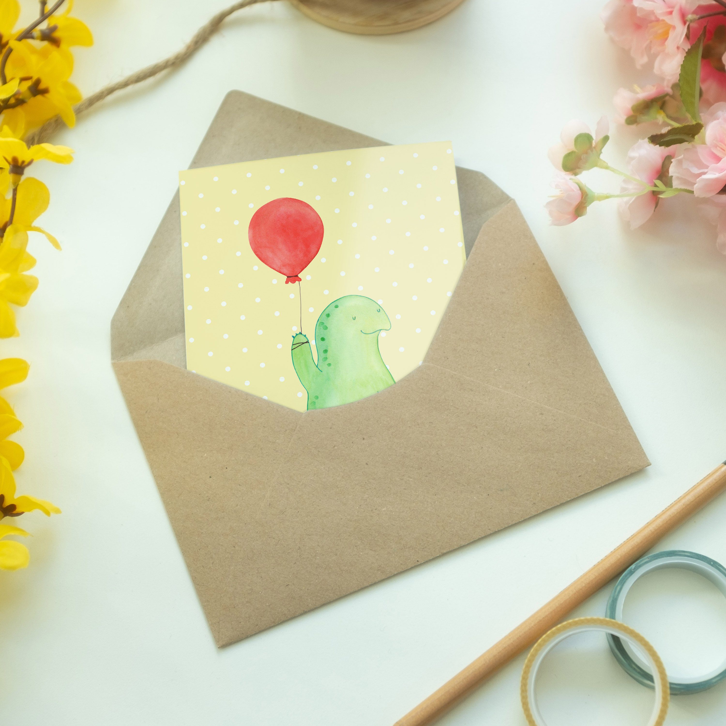 Schildkröte & Mr. Luftballon Grußkarte Mrs. Geschenk, Gelb - Panda Pastell Einladungskarte, Ge -