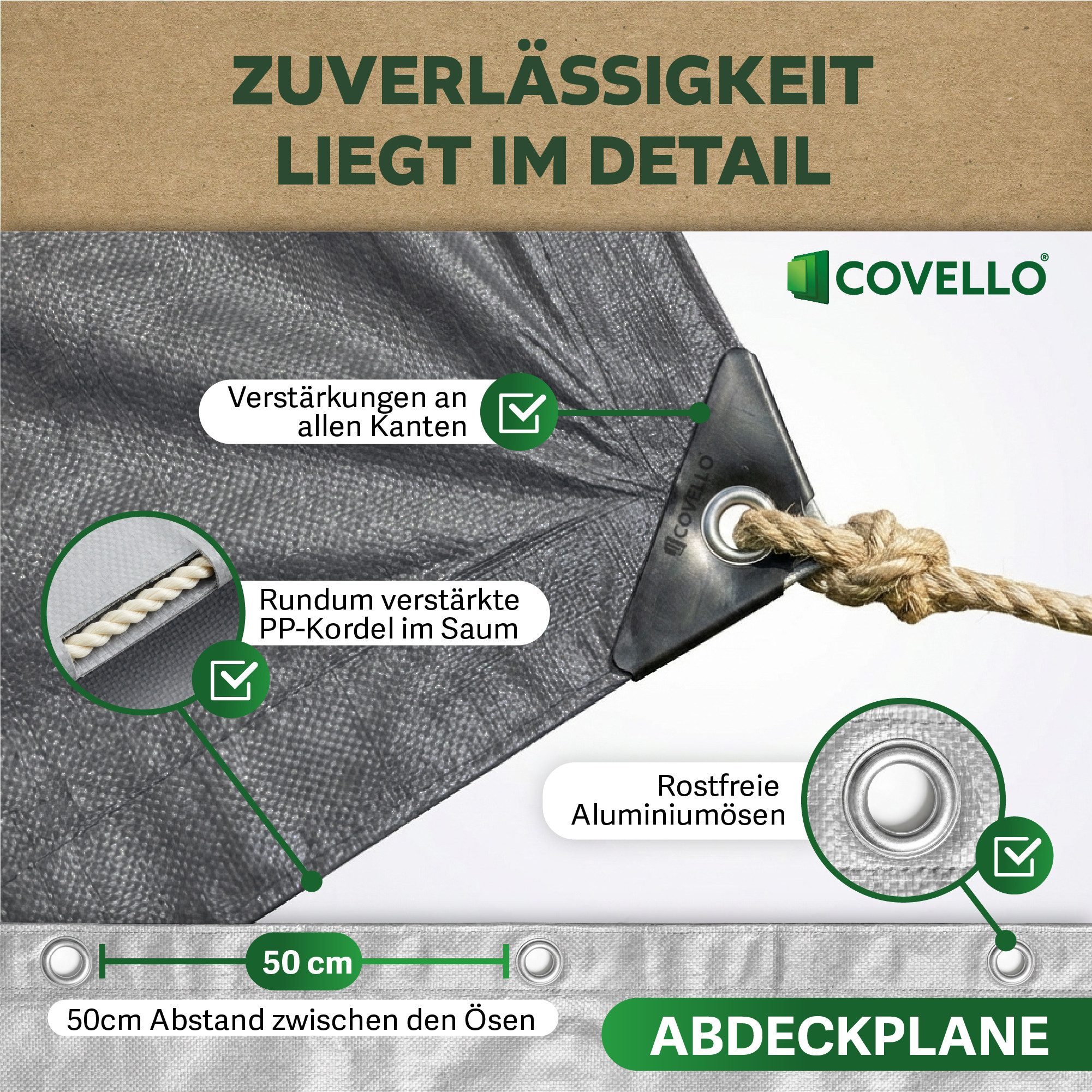 Covello Schutzplane 90g/m² silber, Abdeckplane mit Ösen wasserdicht, Plane UV-stabilisiert in vielen verschiedenen Farben & Größen