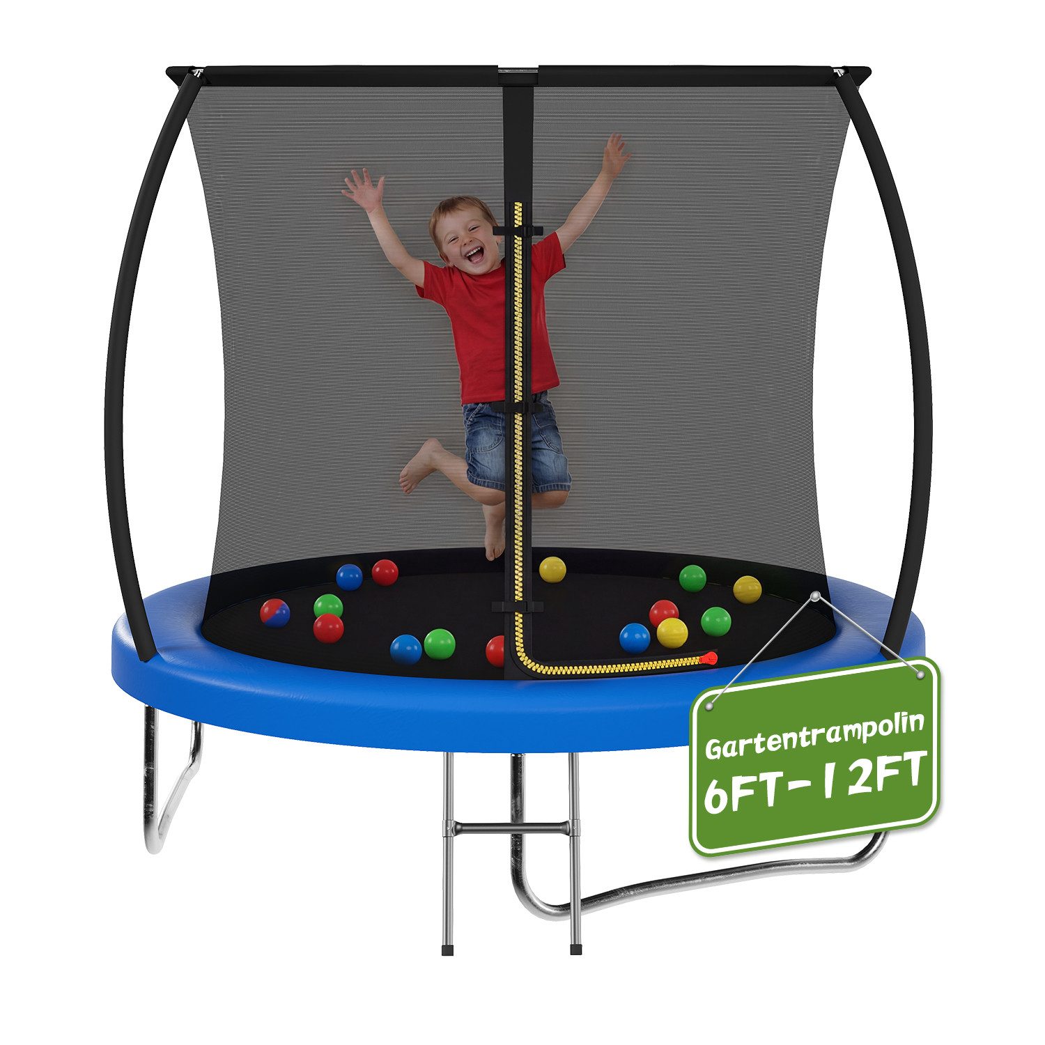 GUNJI Gartentrampolin Durchmesser 183/222/290/360 cm, Kindertrampoline Outdoor-Trampoline, Ø 183 cm, (Ausgestattet mit Sicherheitsnetz, Leiter und 360 -Gelander, maximale Tragkraft 120 kg)