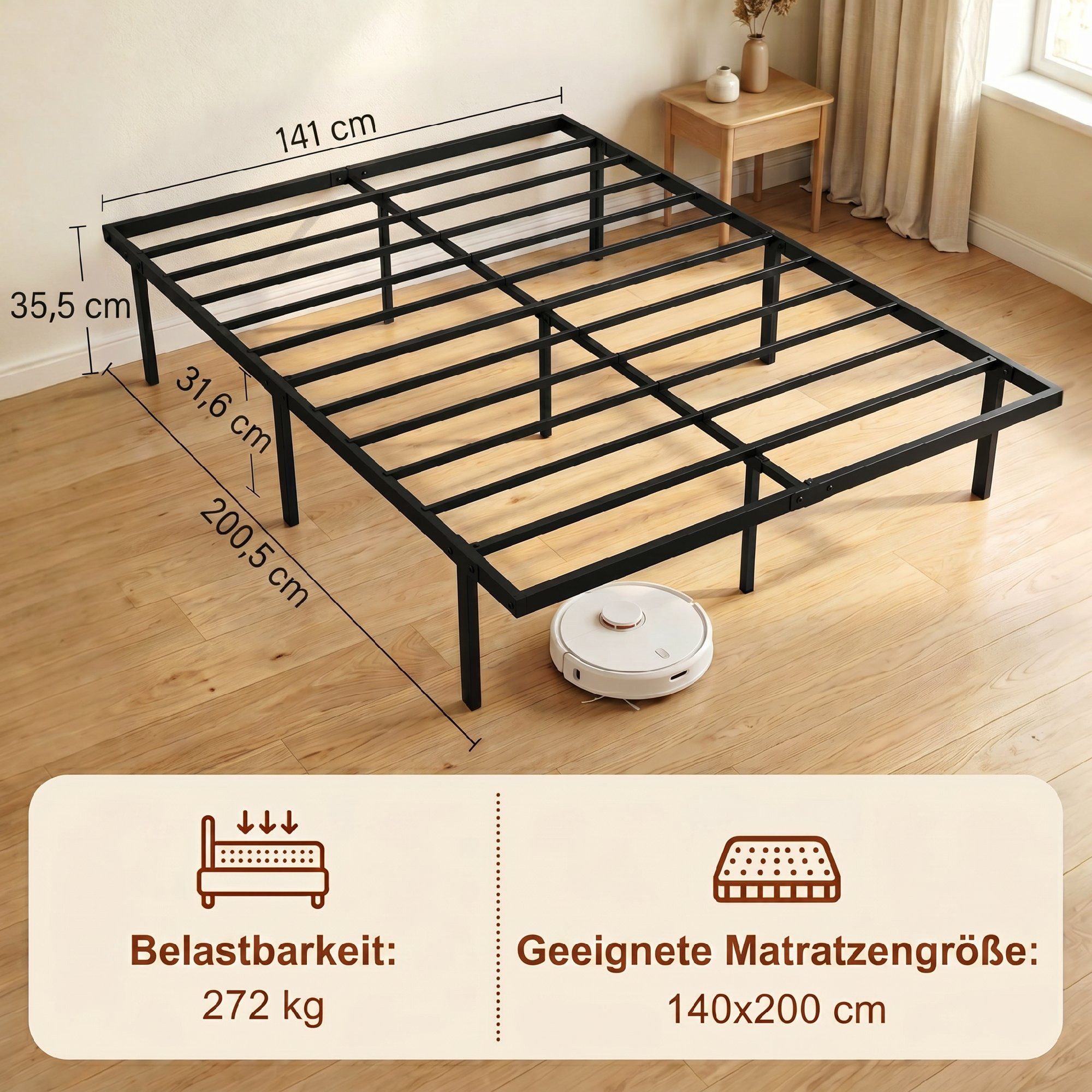 HOMCOM Bettgestell Metallbett mit Lattenrost (Set, 1-tlg., Bettgestell mit Lattenrost), Geräuscharmes, kopfteilloses Metallbett mit Stauraum – Bild 3 von 5