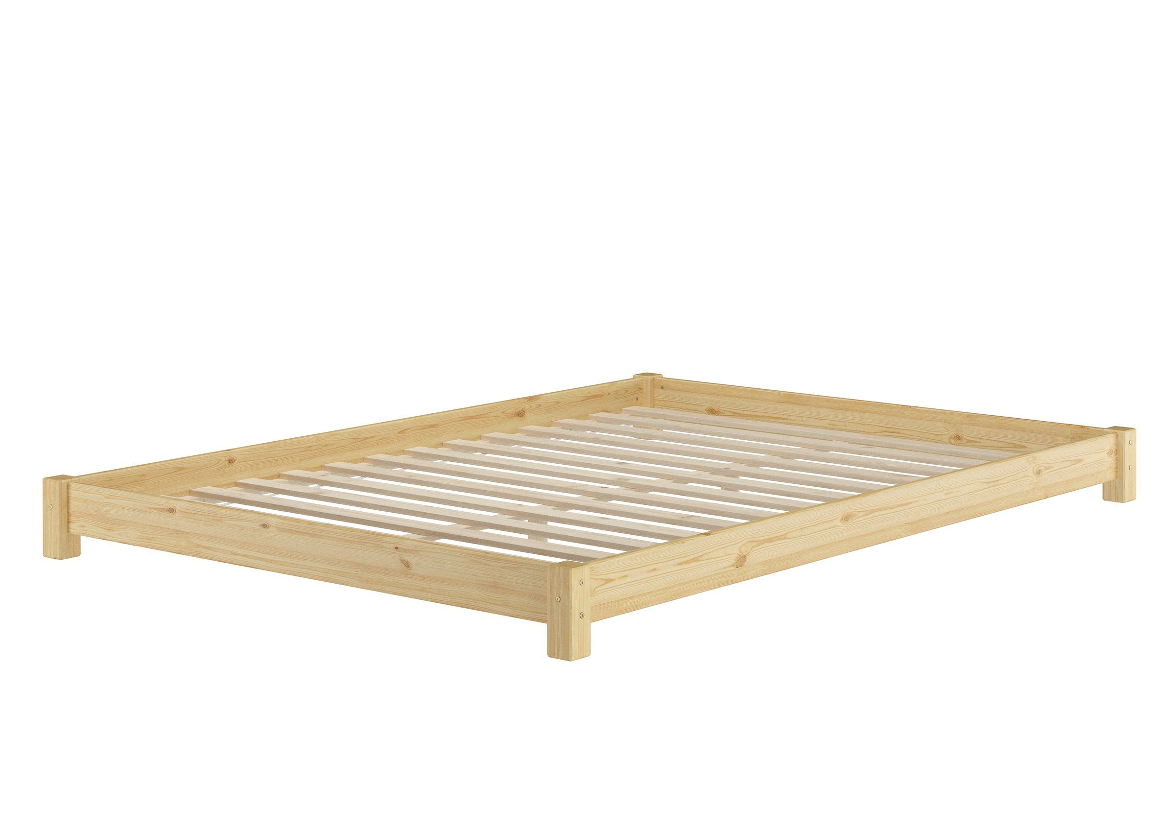 ERST-HOLZ Bett Flaches Futon-Doppelbett Bodenbett 140x200 Kiefer, Kieferfarblos lackiert