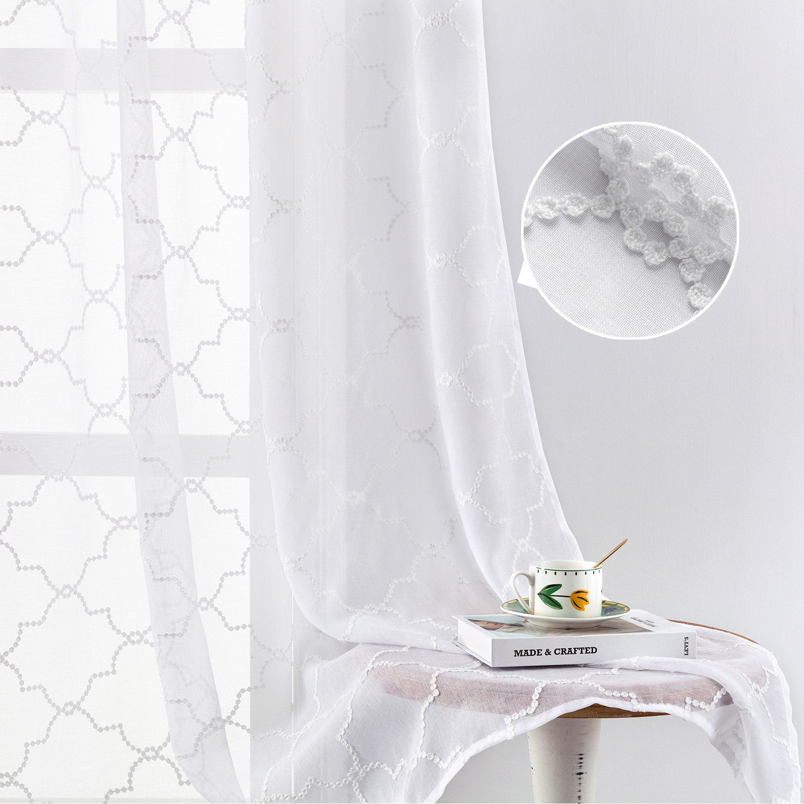 Sunicol Vorhang 2er Set Voile Vorhänge Boho Sheer Transparente Gardinen mit Ösen, Bestickt Luftig Lichtdurchlässig Dekoschal für Schlafzimmer