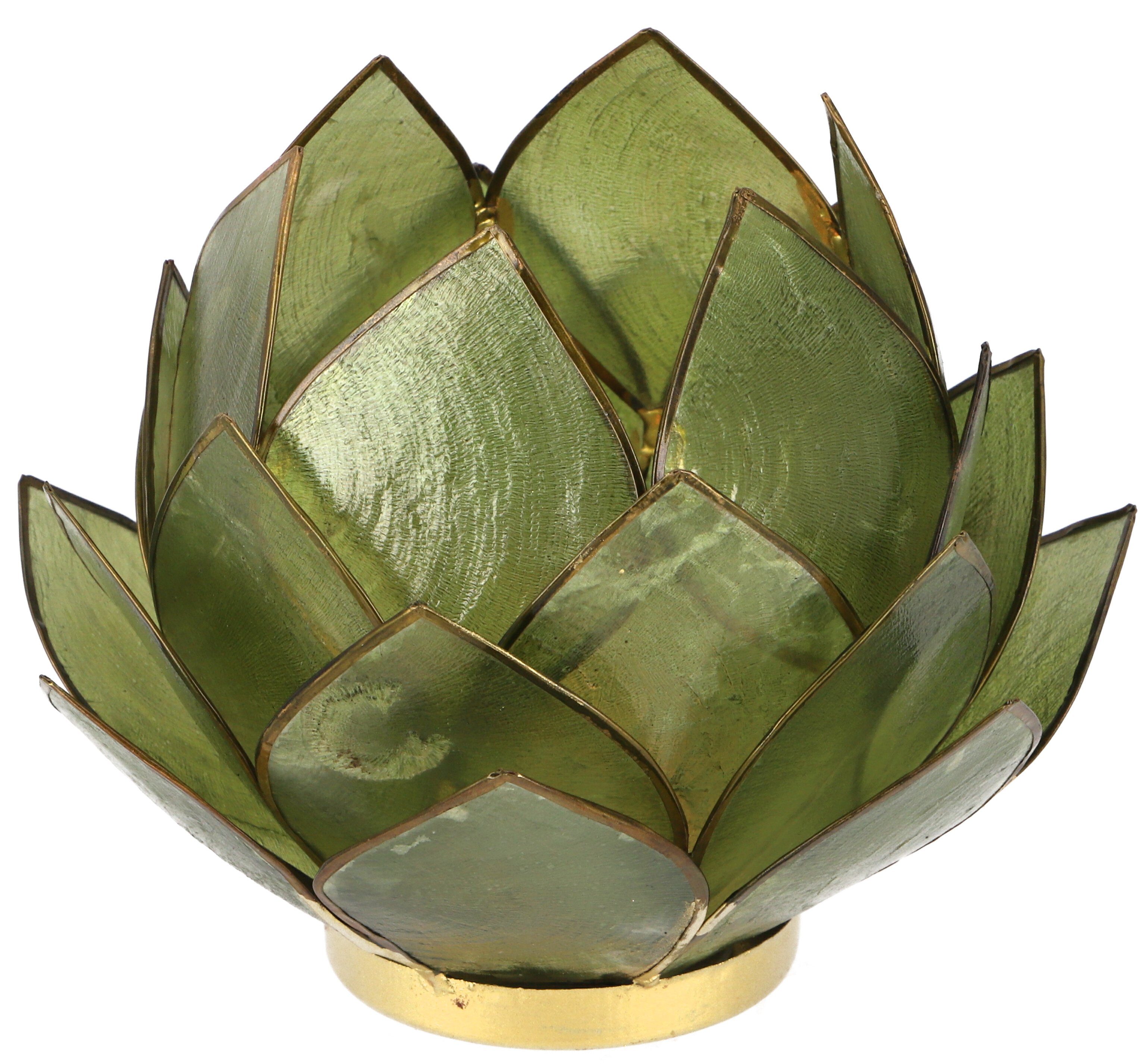Guru-Shop Windlicht Lotus Teelicht Muschel 14*10 cm - olivgrün